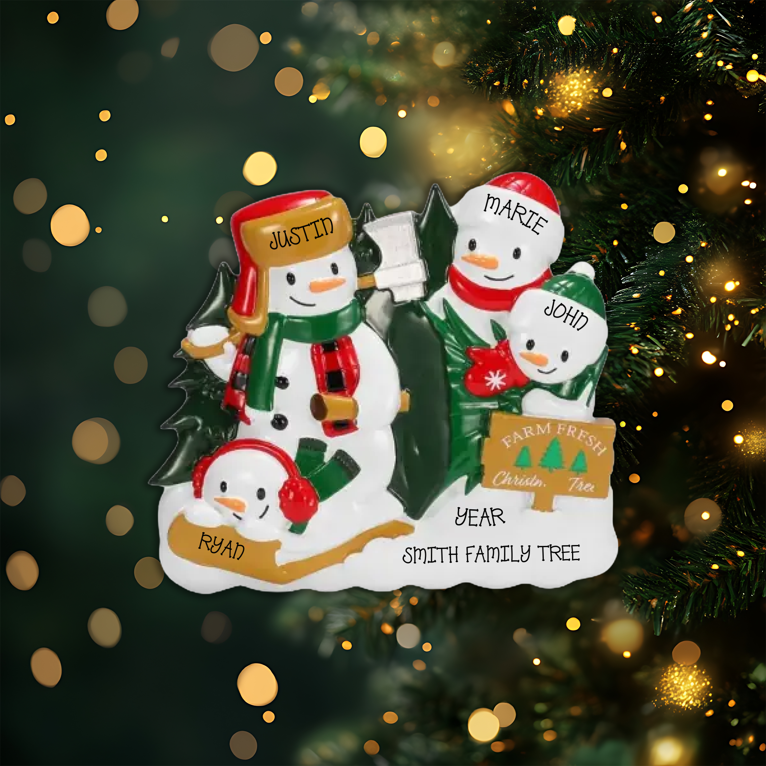 Christmas Tree Farm Snowman Family of 4 Personalized Christmas Ornament