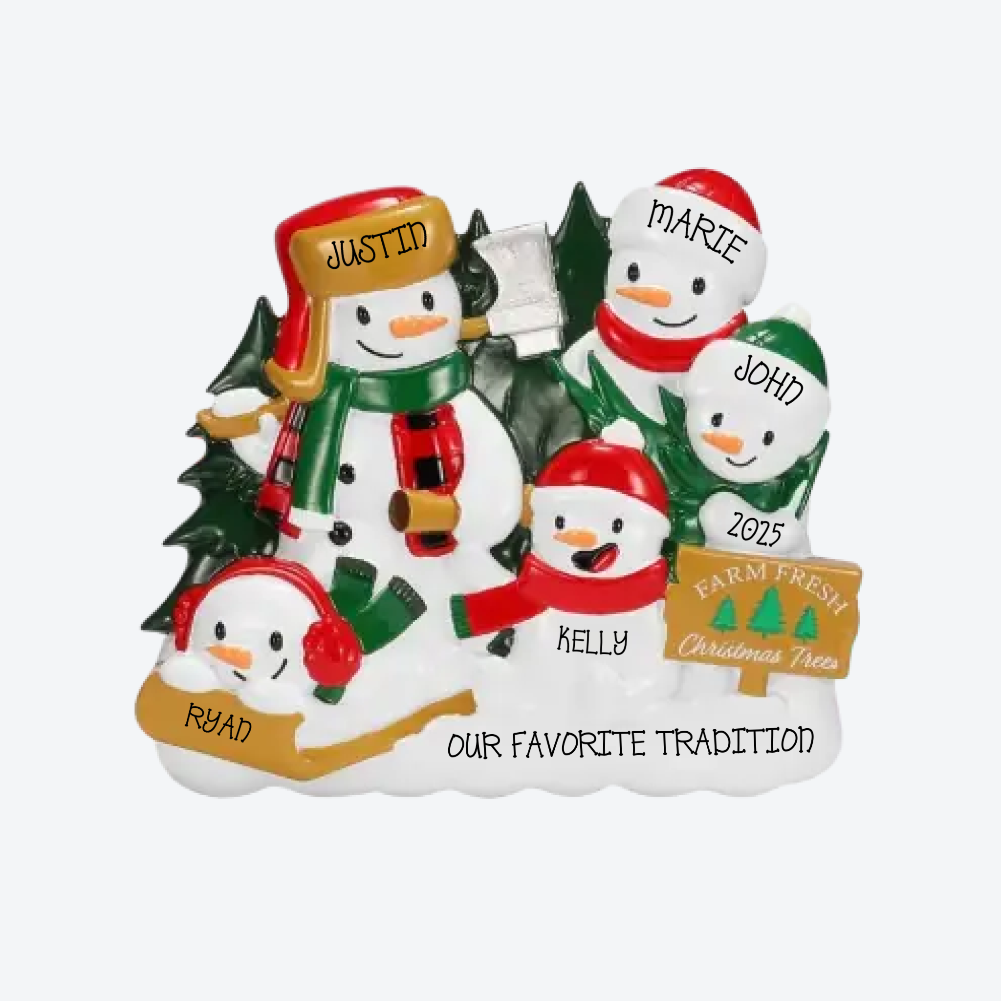 Christmas Tree Farm Snowman Family of 5 Personalized Christmas Ornament