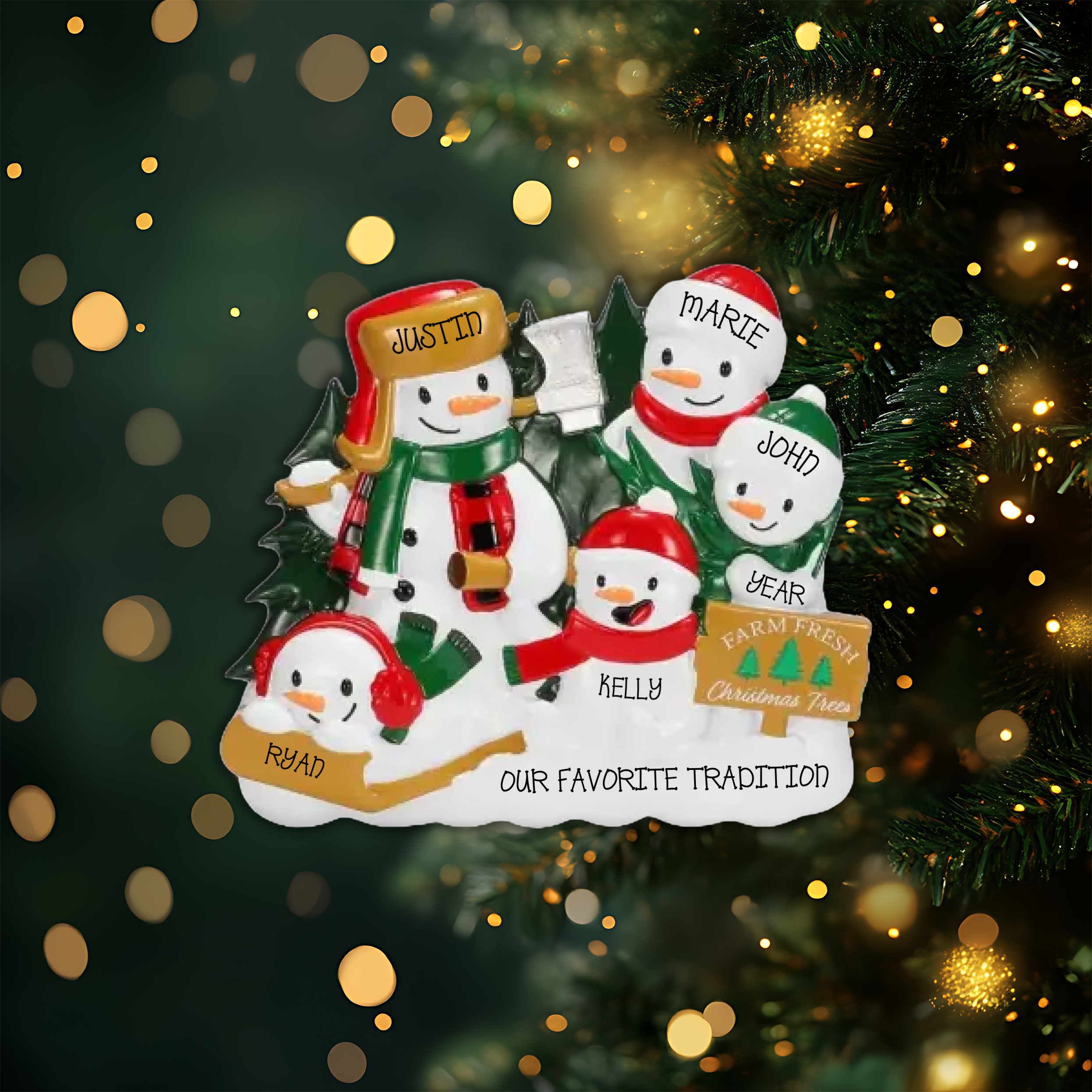 Christmas Tree Farm Snowman Family of 5 Personalized Christmas Ornament