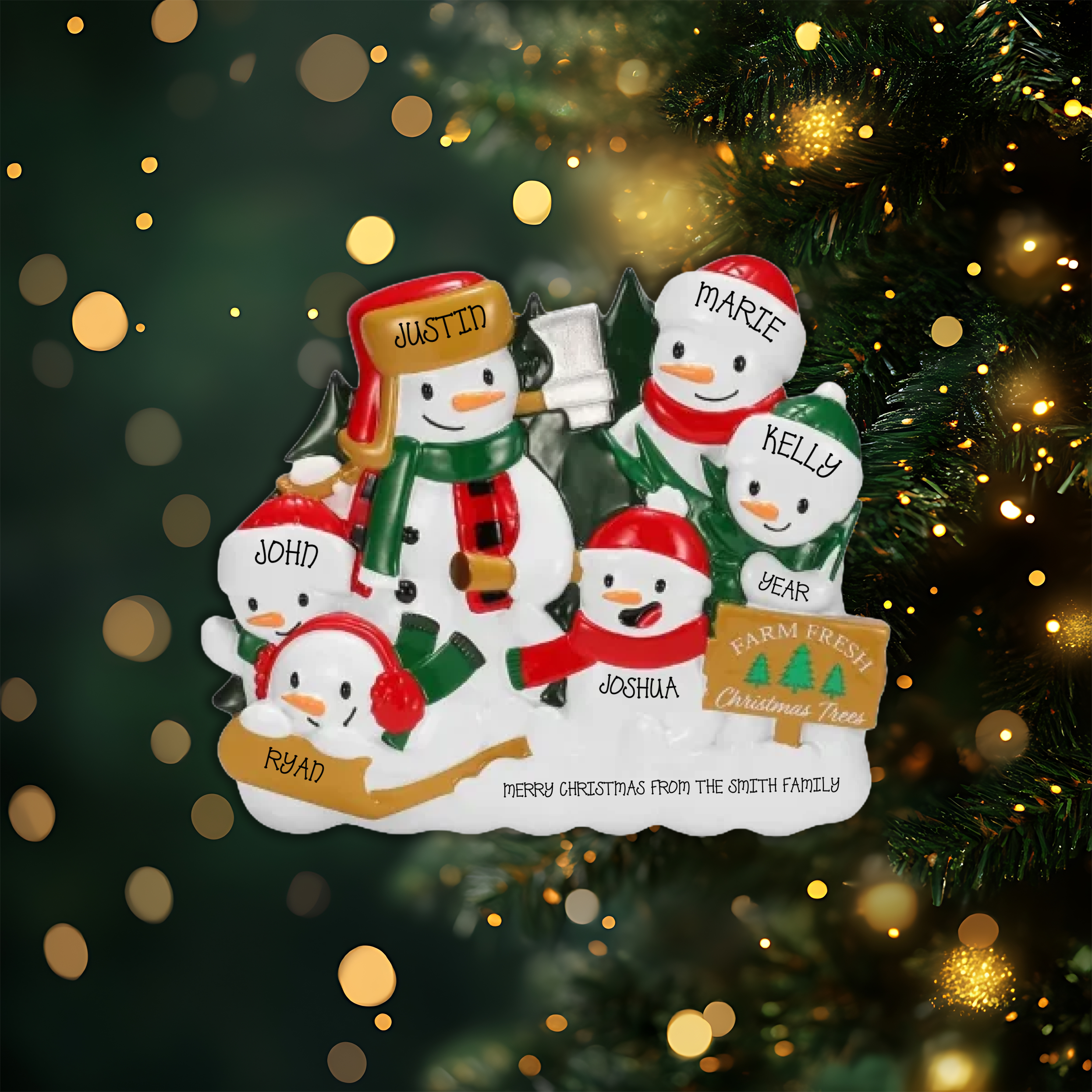 Christmas Tree Farm Snowman Family of 6 Personalized Christmas Ornament