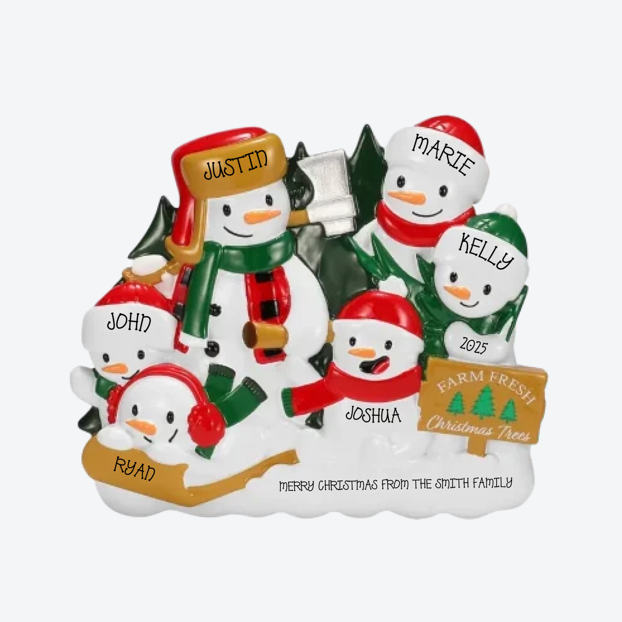 Christmas Tree Farm Snowman Family of 6 Personalized Christmas Ornament