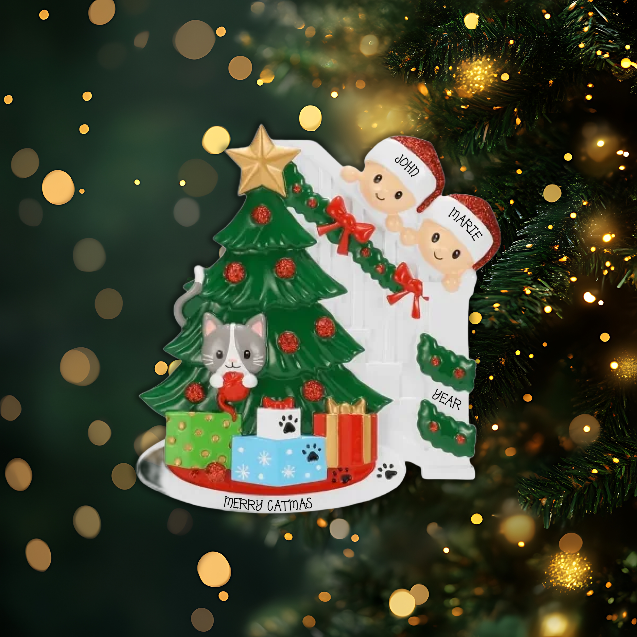 Cat in Christmas Tree Couple Personalized Christmas Ornament