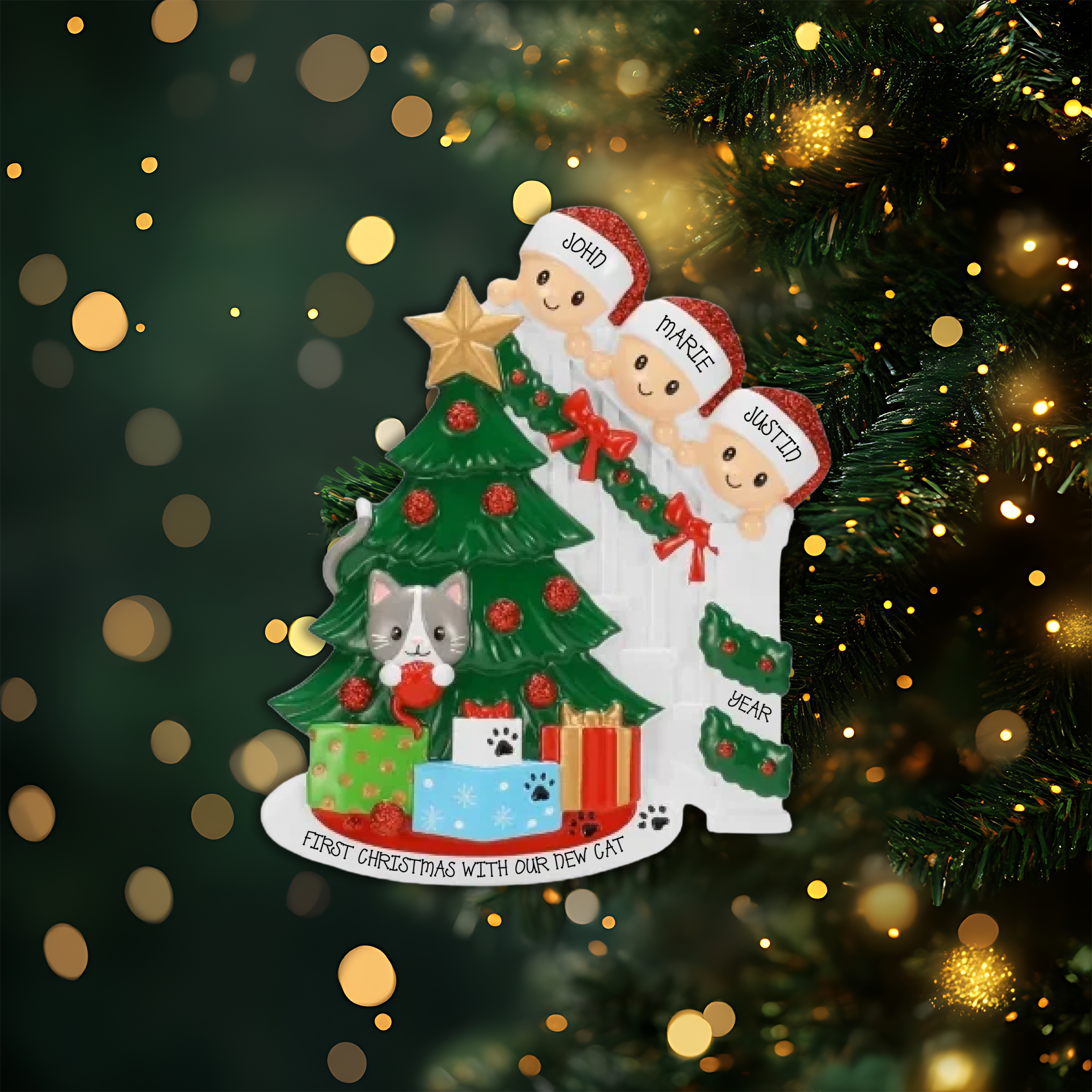 Cat in Christmas Tree Family of 3 Personalized Christmas Ornament