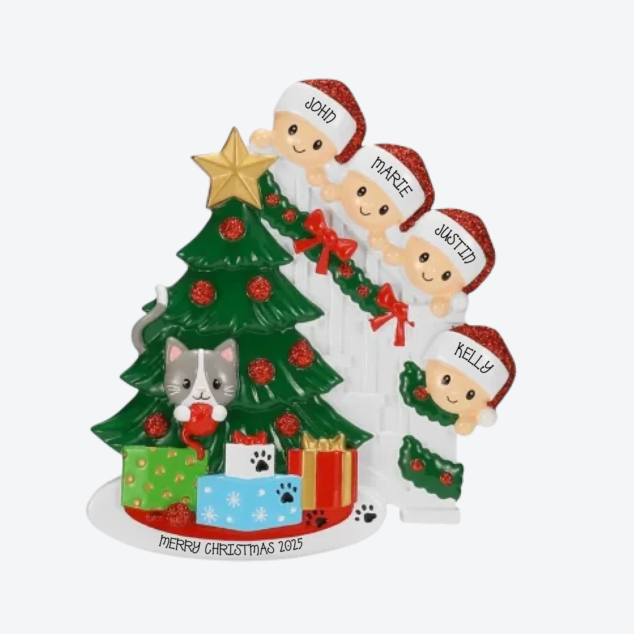 Cat in Christmas Tree Family of 4 Personalized Christmas Ornament
