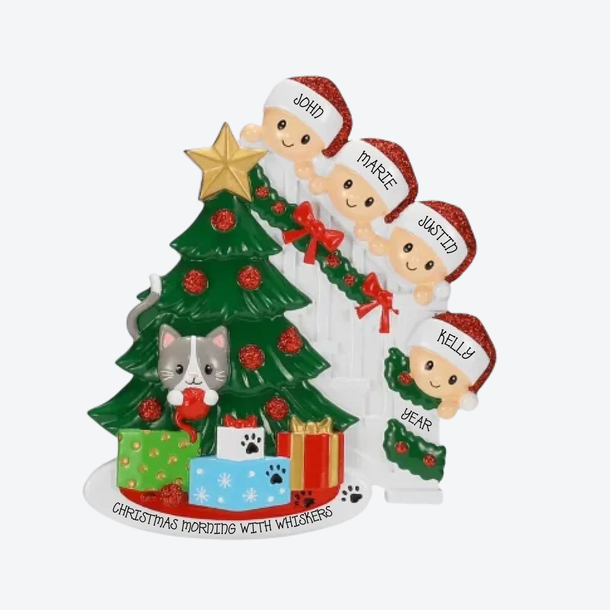 Cat in Christmas Tree Family of 4 Personalized Christmas Ornament