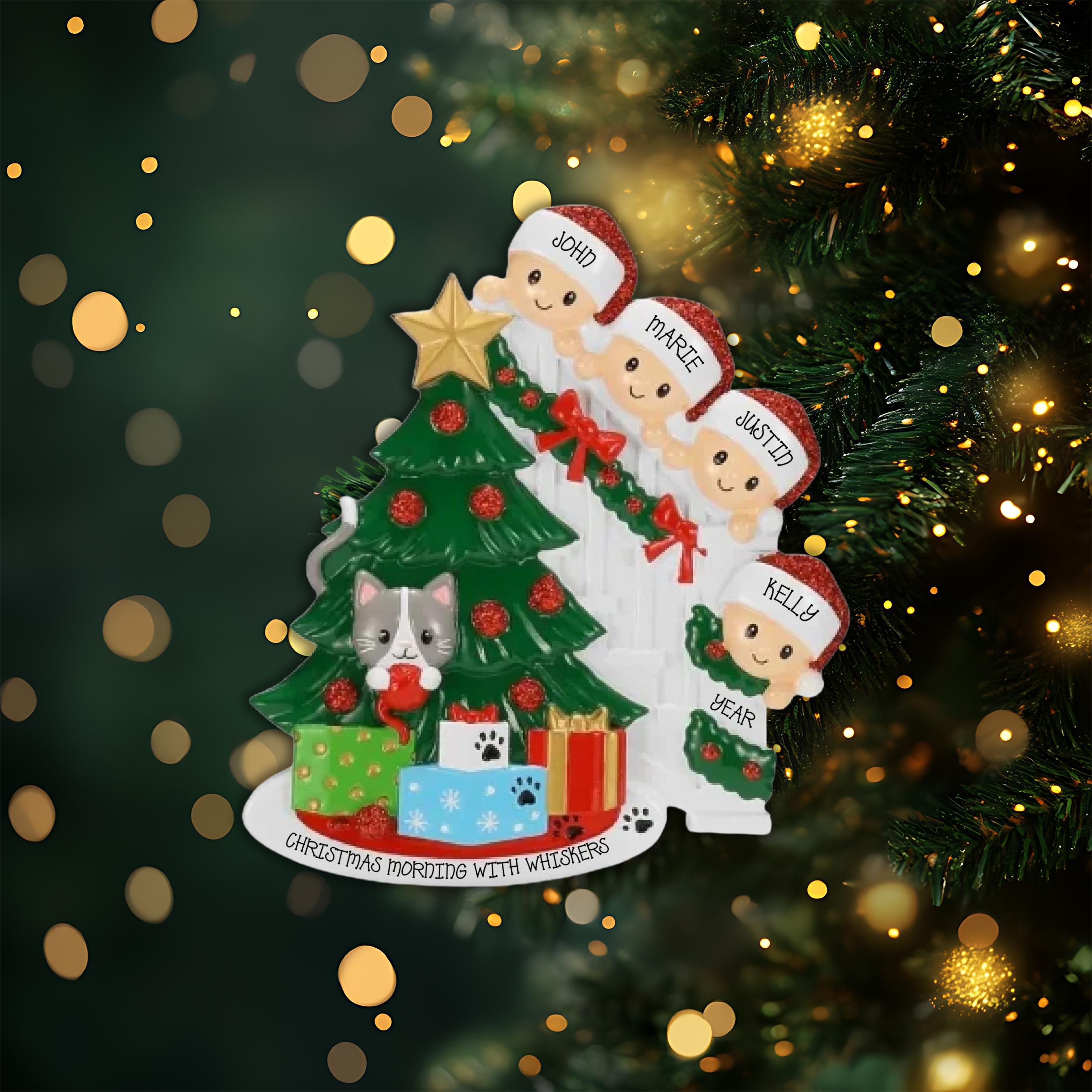 Cat in Christmas Tree Family of 4 Personalized Christmas Ornament