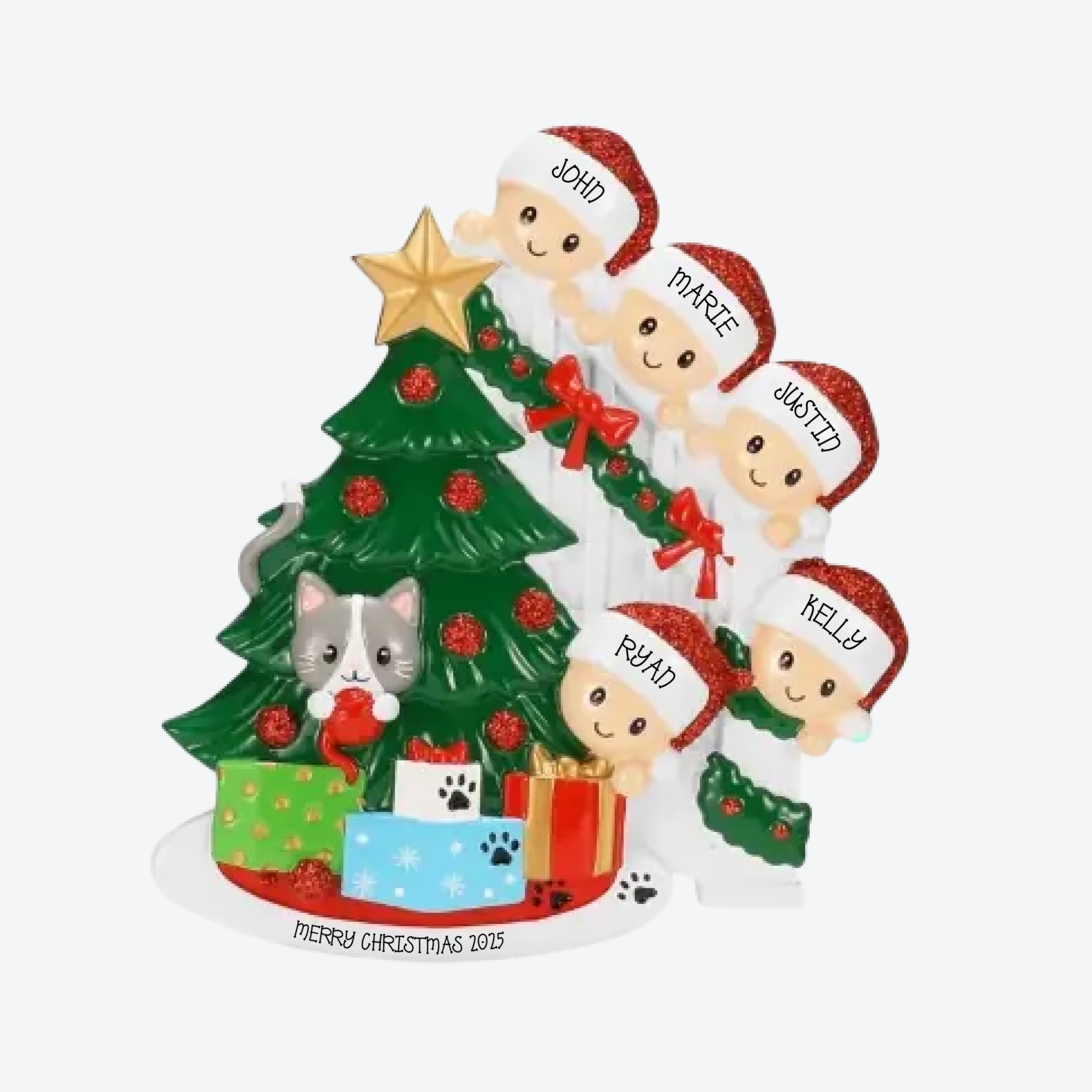Cat in Christmas Tree Family of 5 Personalized Christmas Ornament