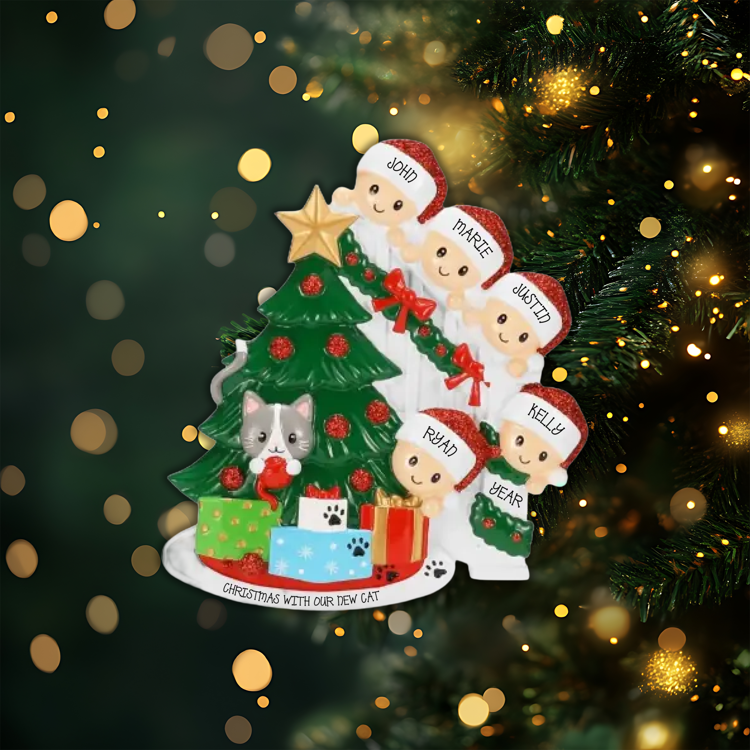 Cat in Christmas Tree Family of 5 Personalized Christmas Ornament