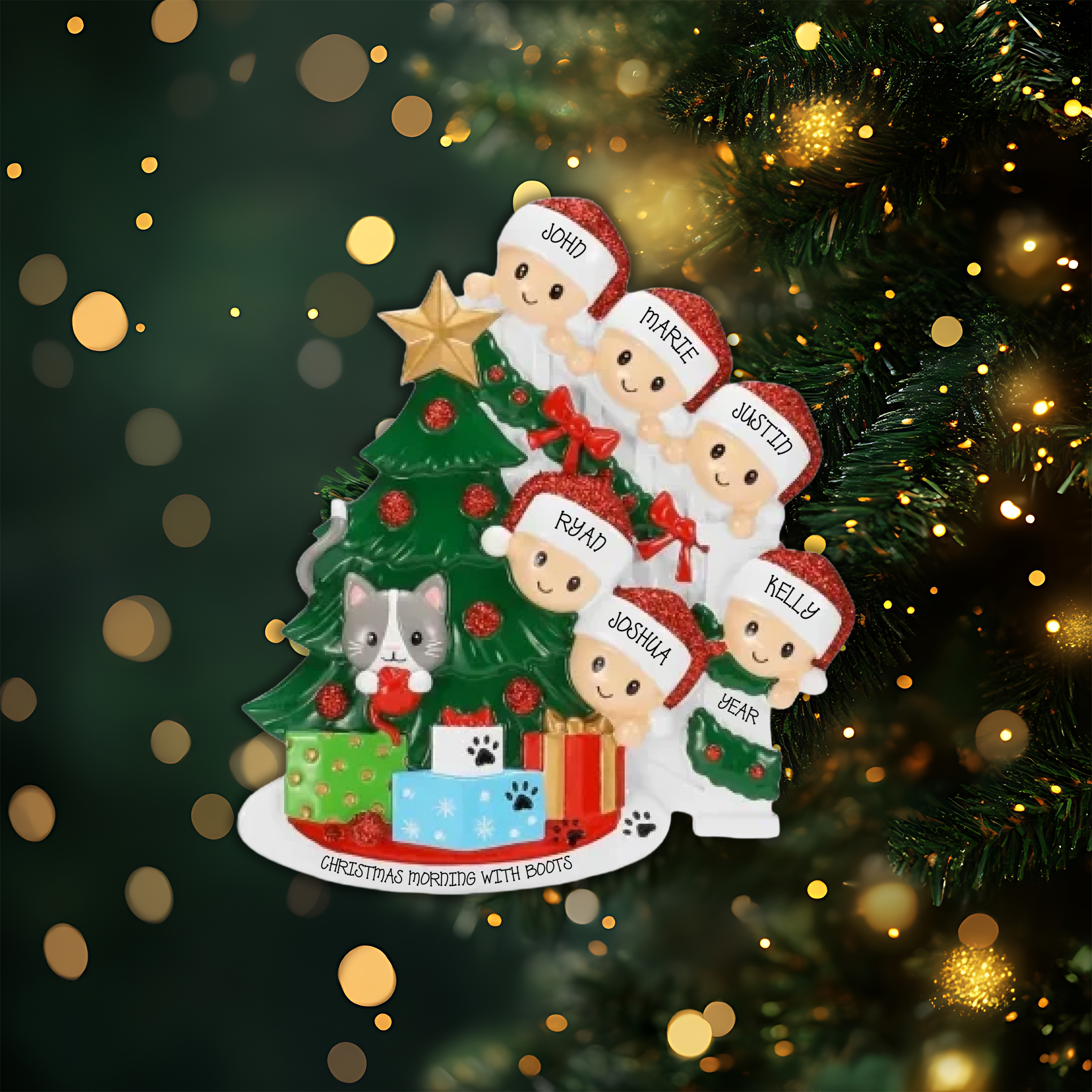 Cat in Christmas Tree Family of 6 Personalized Christmas Ornament