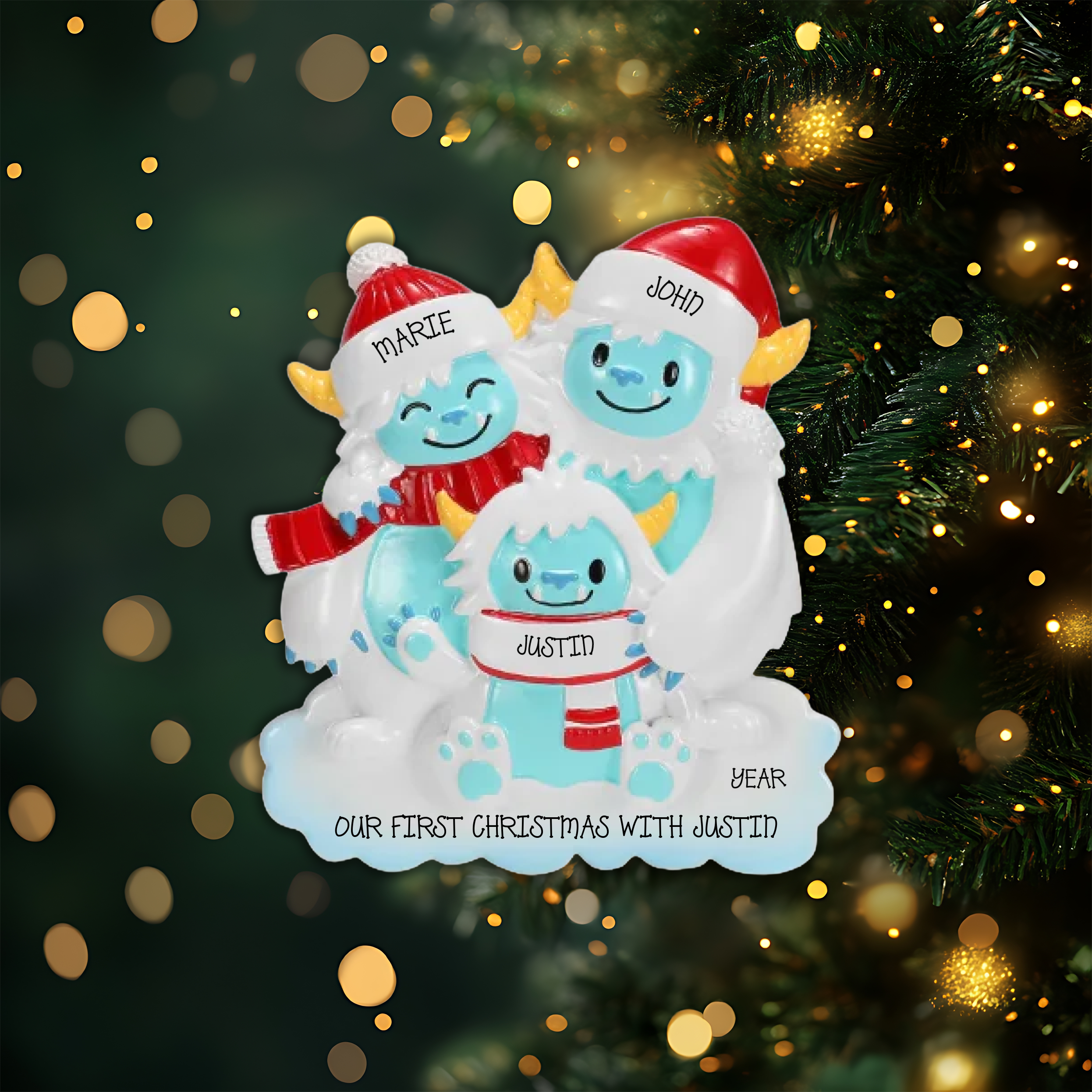 Yeti Family of 3 Personalized Christmas Ornament