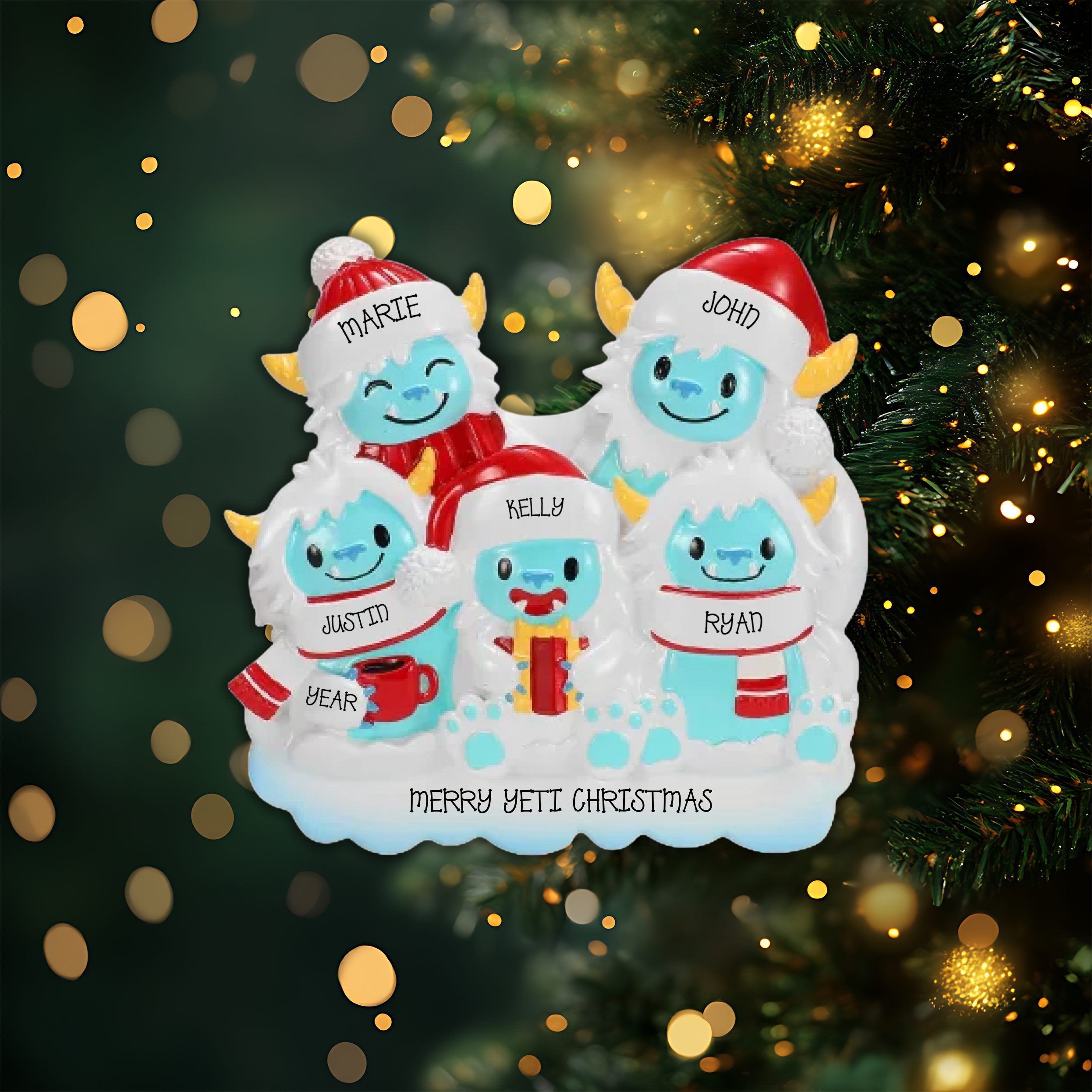 Yeti Family of 5 Personalized Christmas Ornament