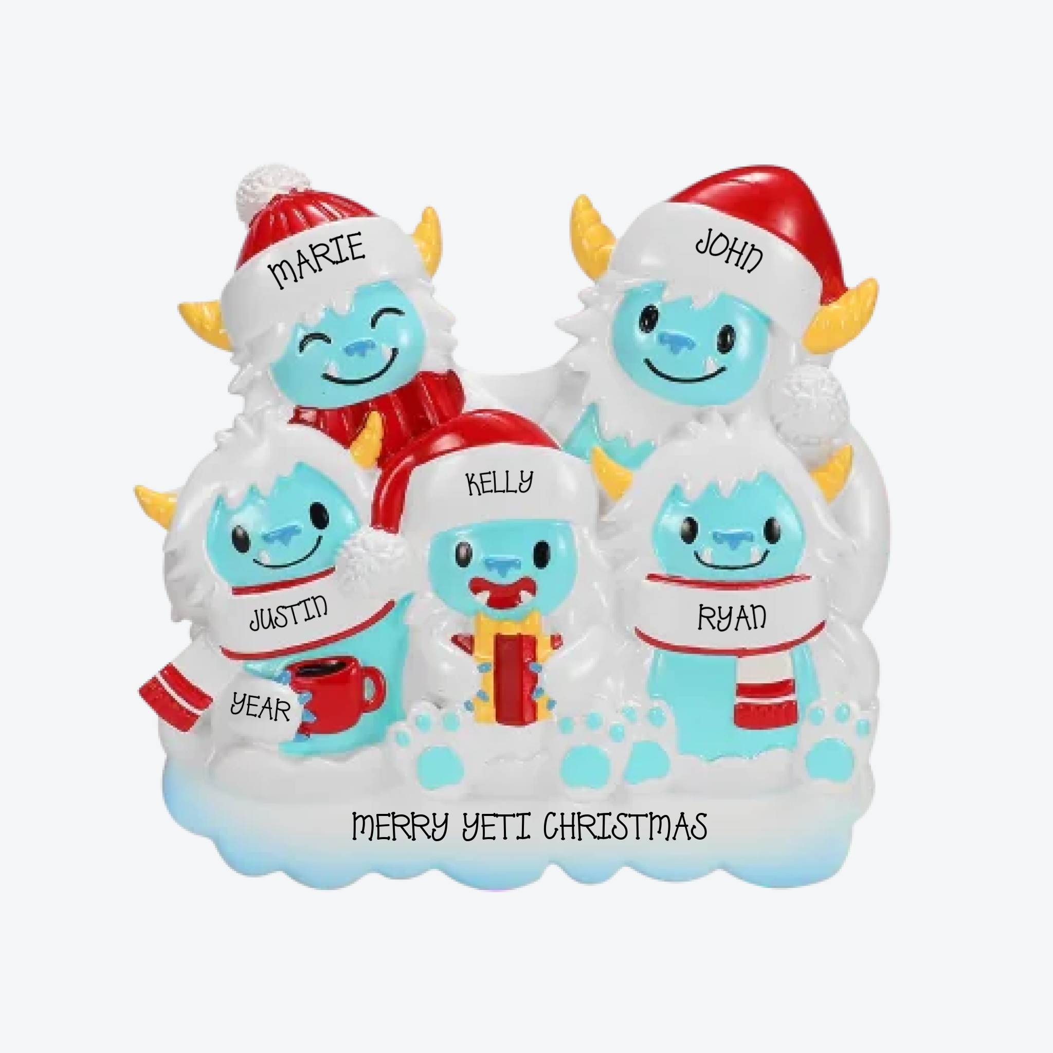 Yeti Family of 5 Personalized Christmas Ornament