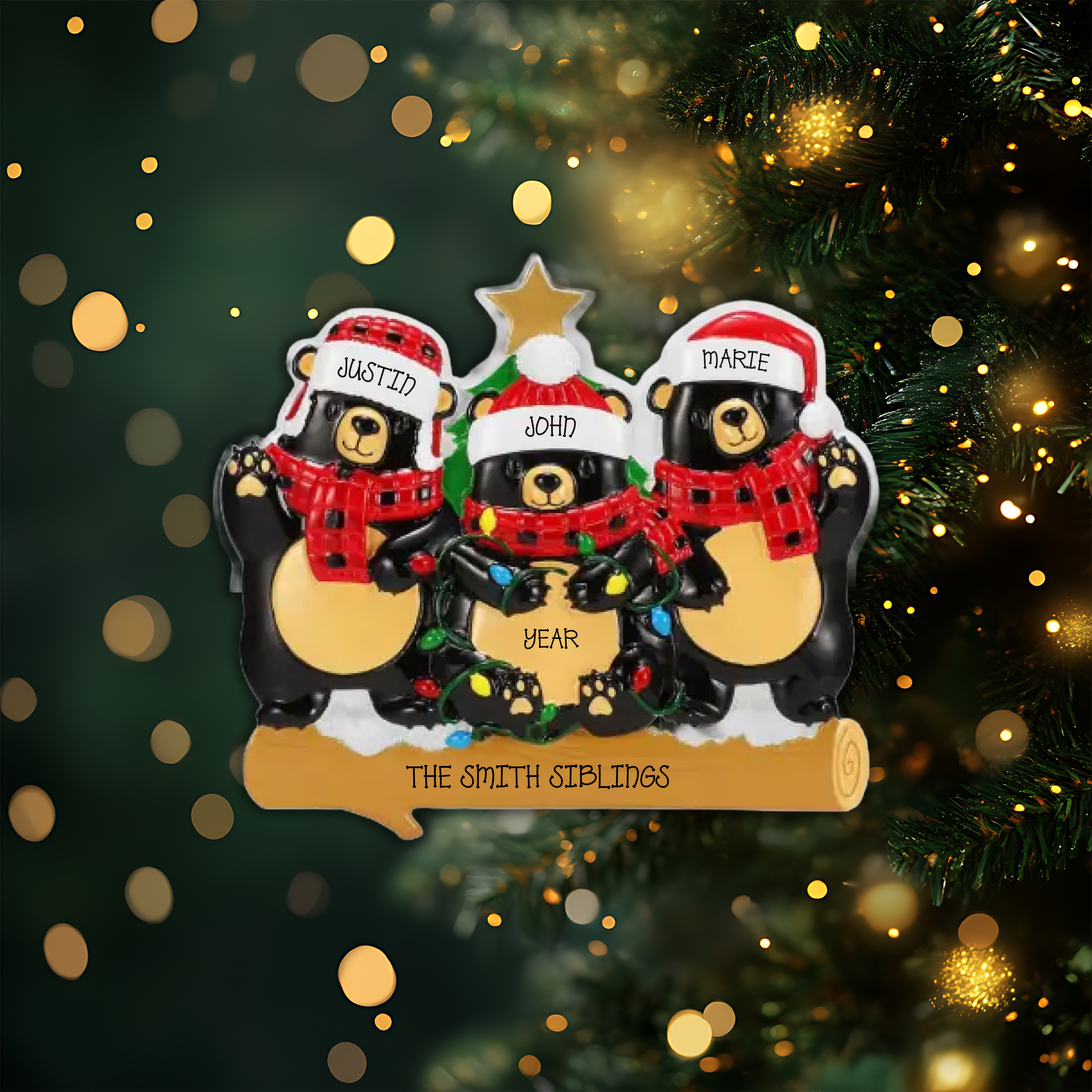 Bear Family of 3 Personalized Christmas Ornament