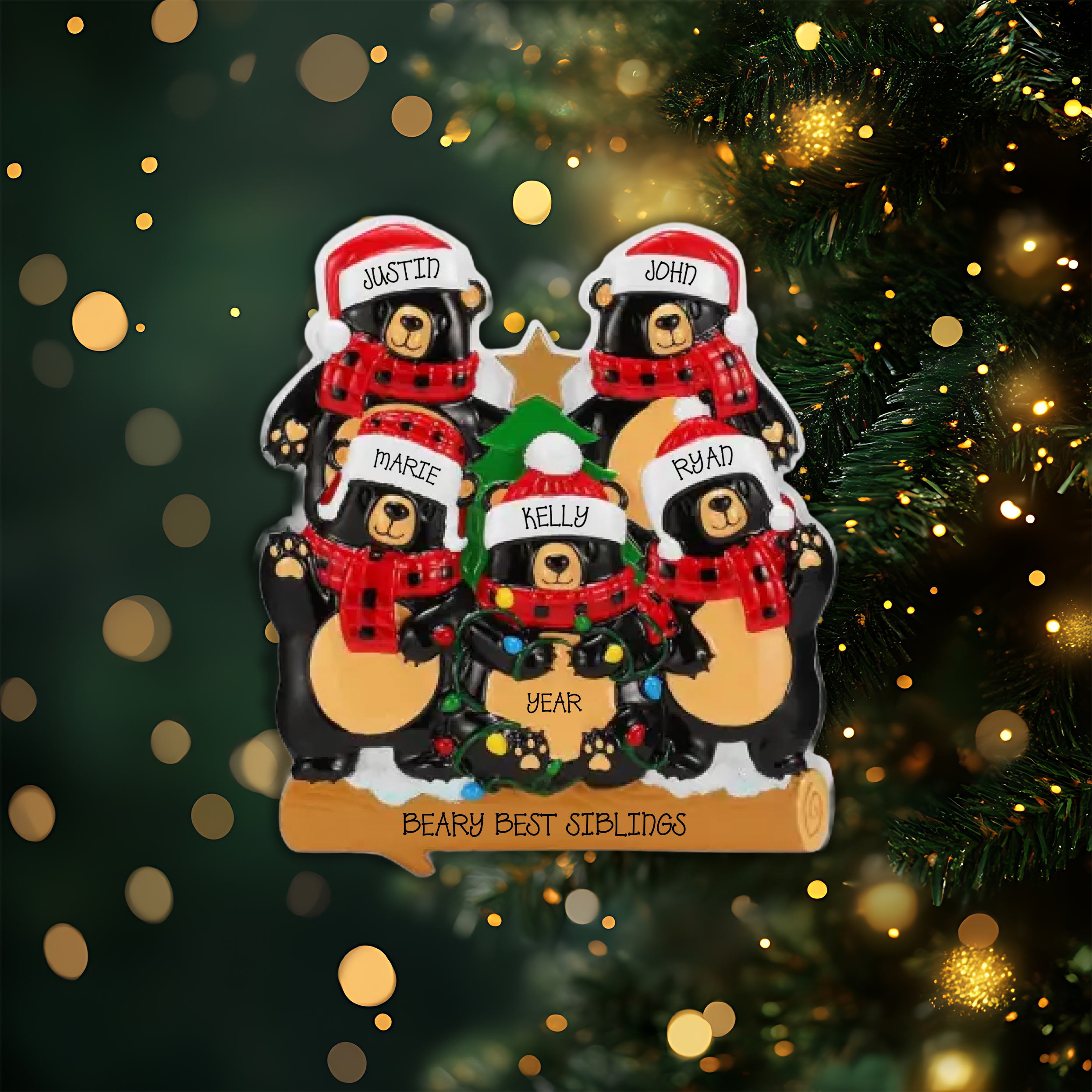 Bear Family of 5 Personalized Christmas Ornament