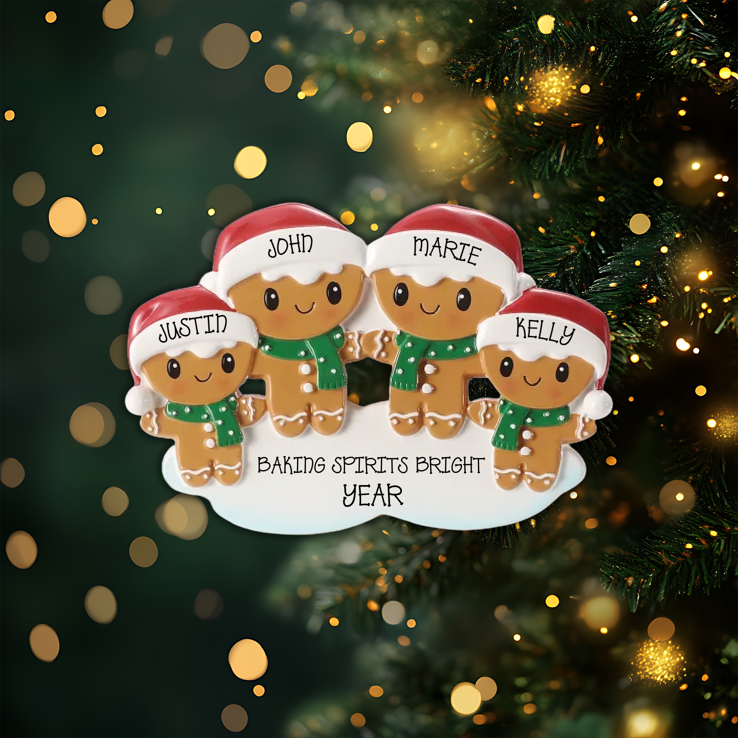 Gingerbread Family of 4 Personalized Christmas Ornament