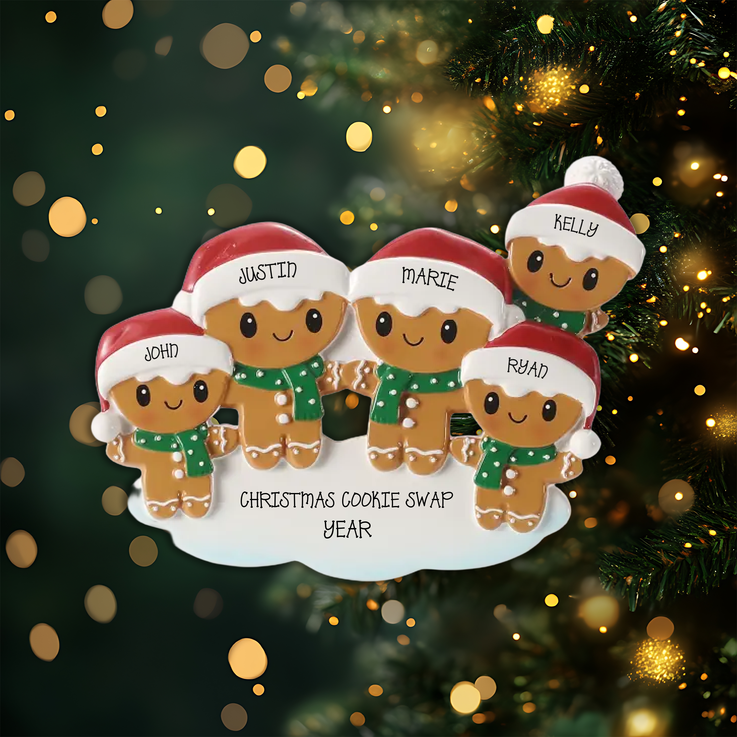 Gingerbread Family of 5 Personalized Christmas Ornament