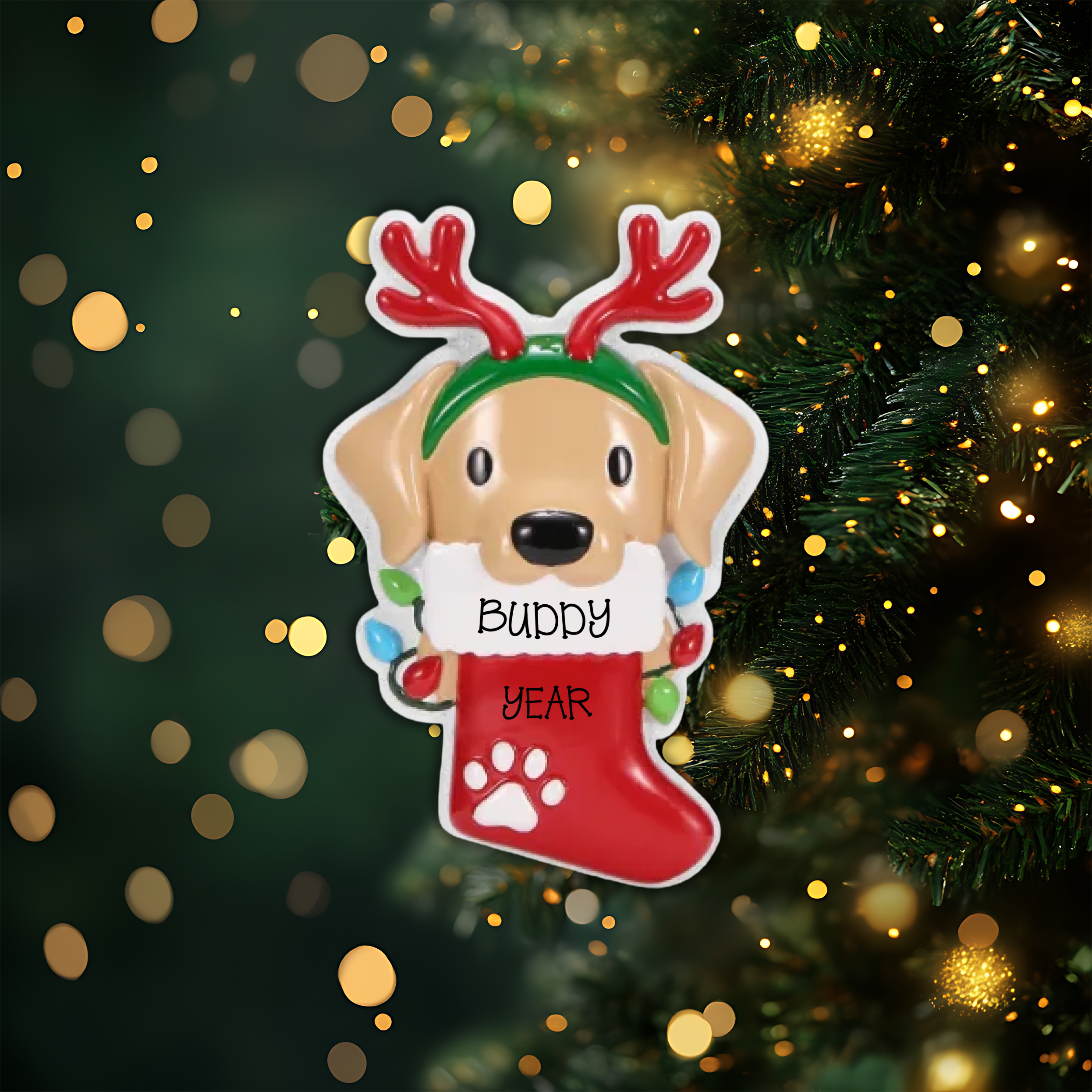 Dog with Reindeer Antlers Personalized Christmas Ornament