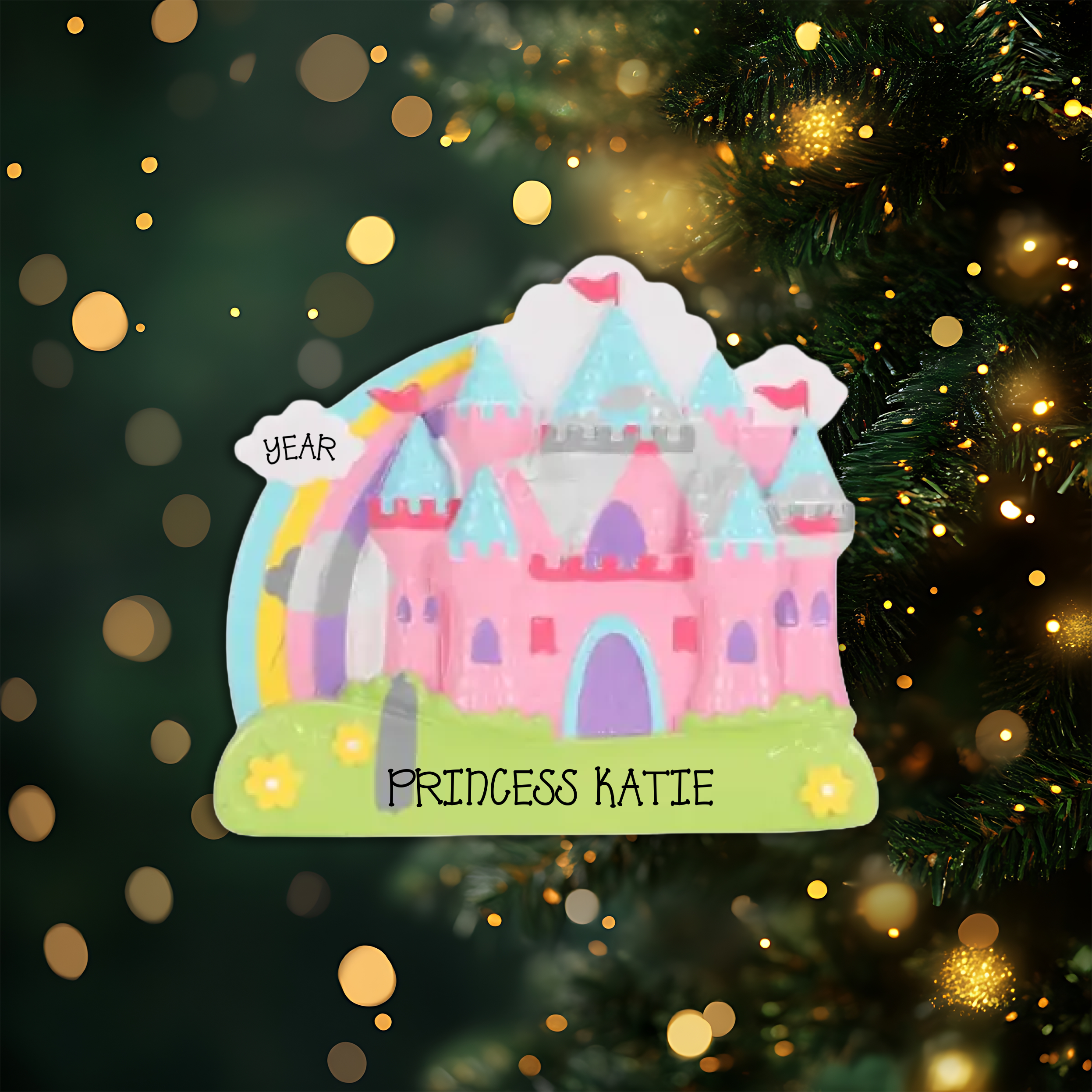 Rainbow Castle Personalized Christmas Ornament