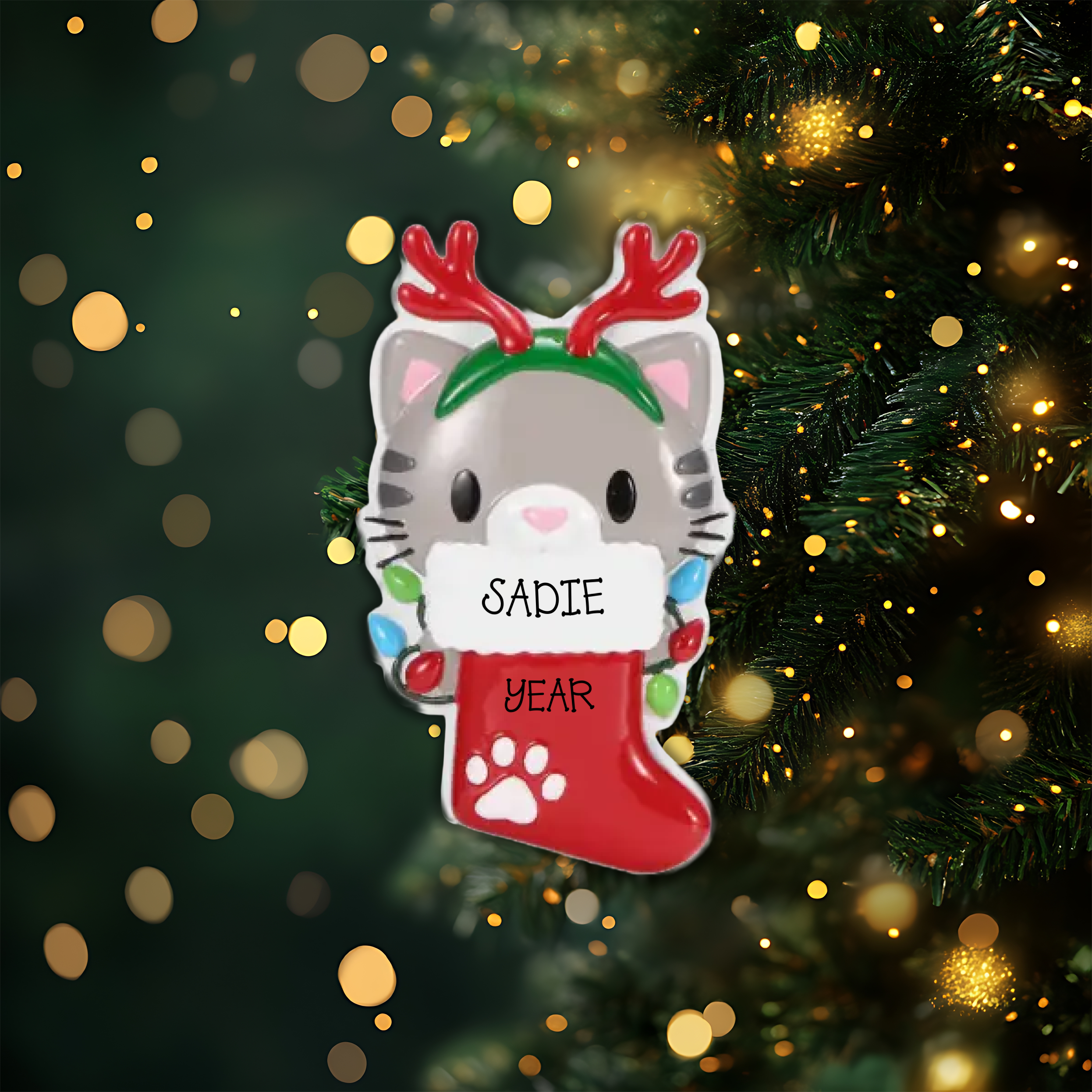Cat with Reindeer Antlers Personalized Christmas Ornament