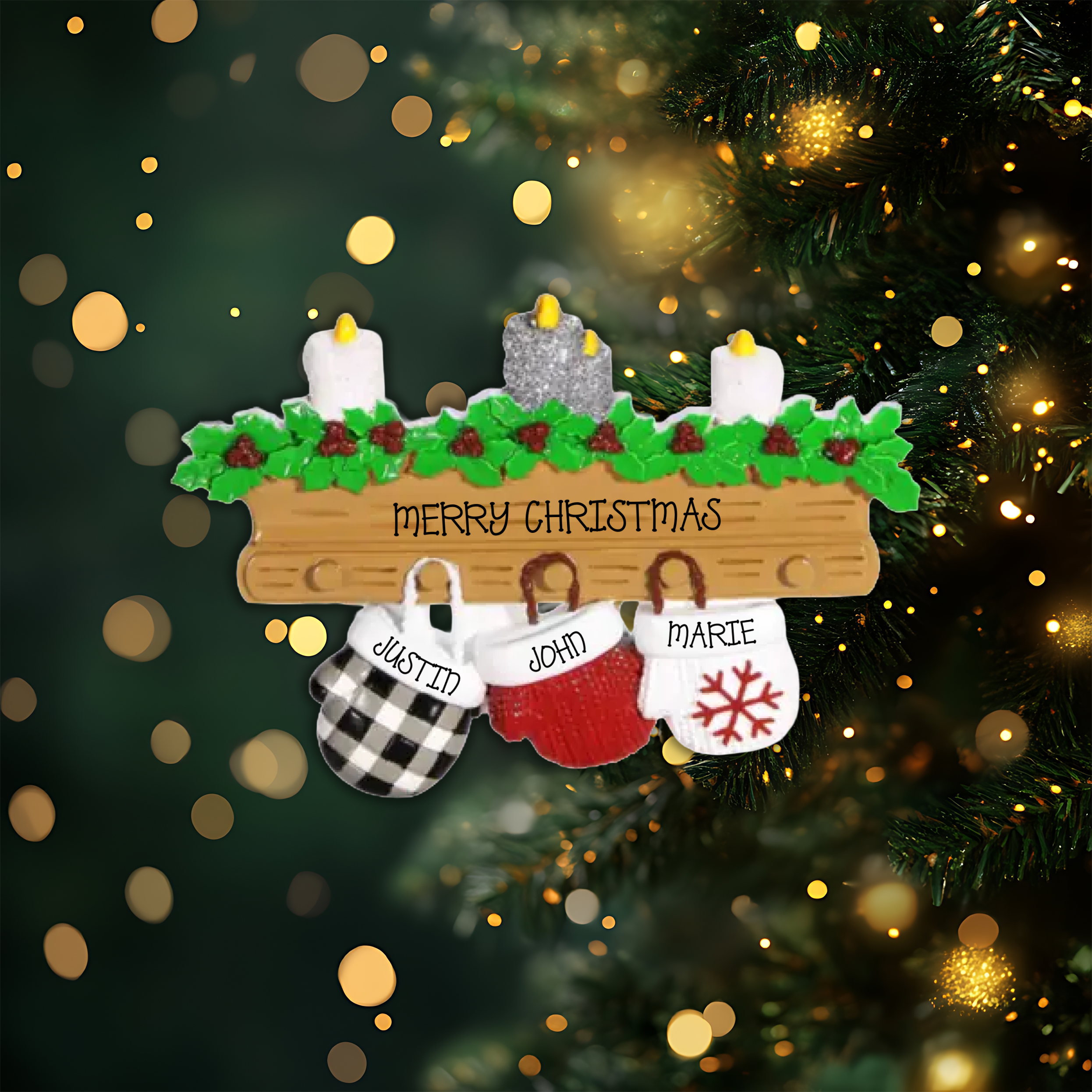Mitten Family of 3 Personalized Christmas Ornament