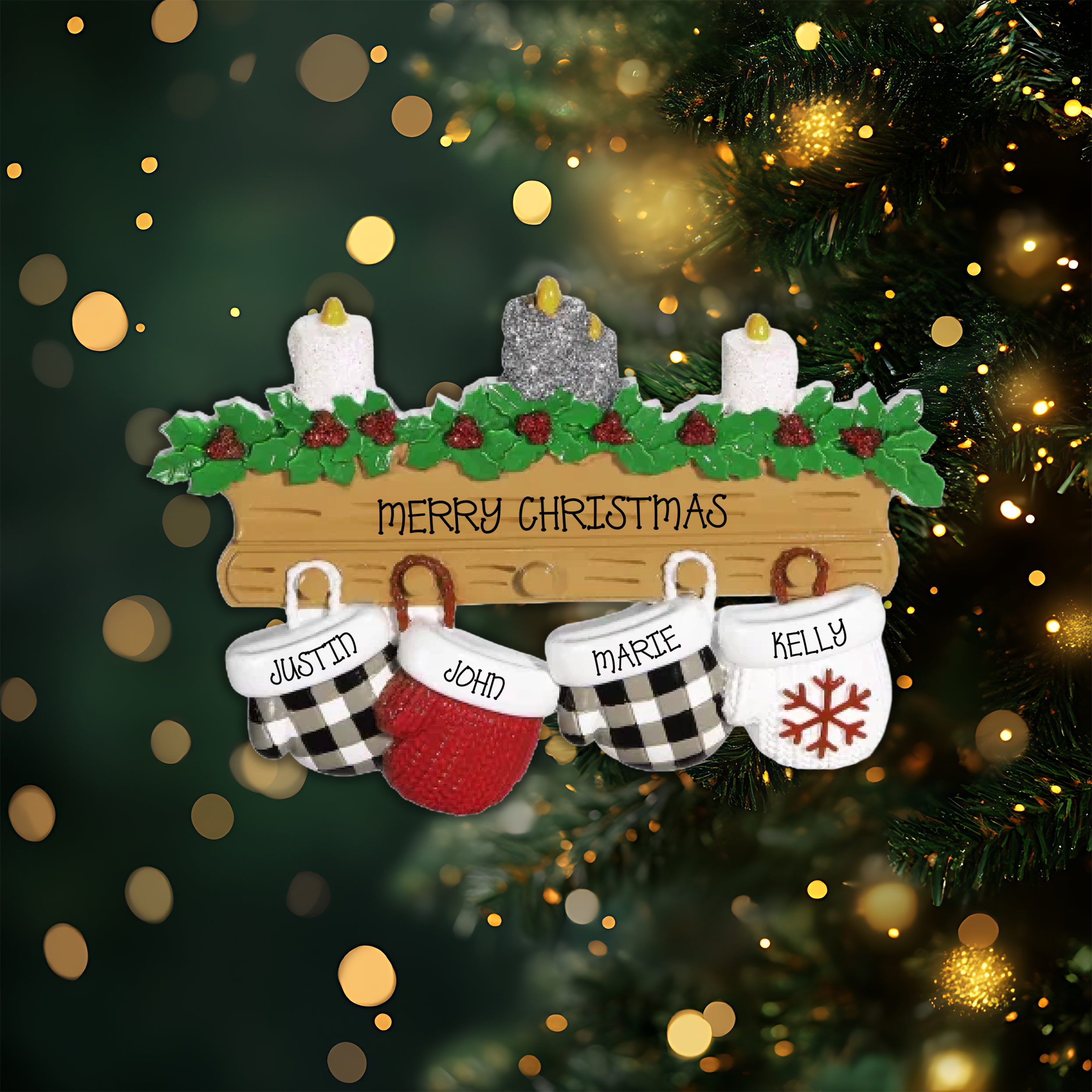 Mitten Family of 4 Personalized Christmas Ornament
