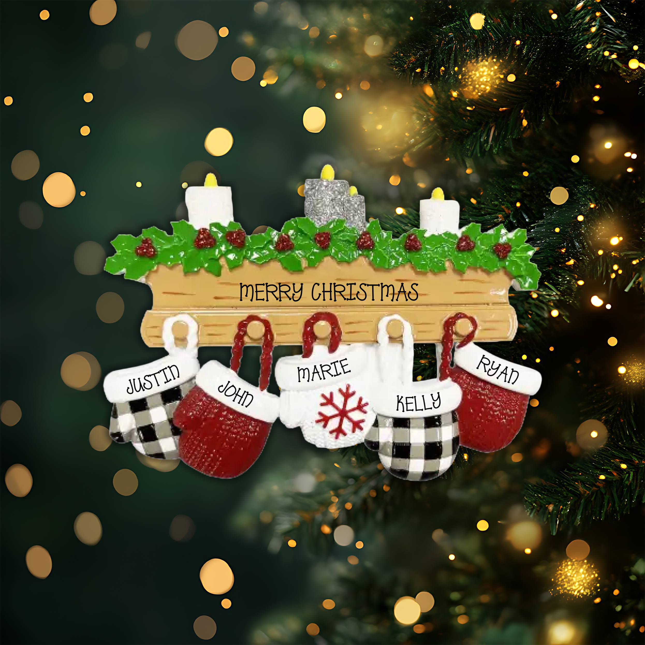 Mitten Family of 5 Personalized Christmas Ornament