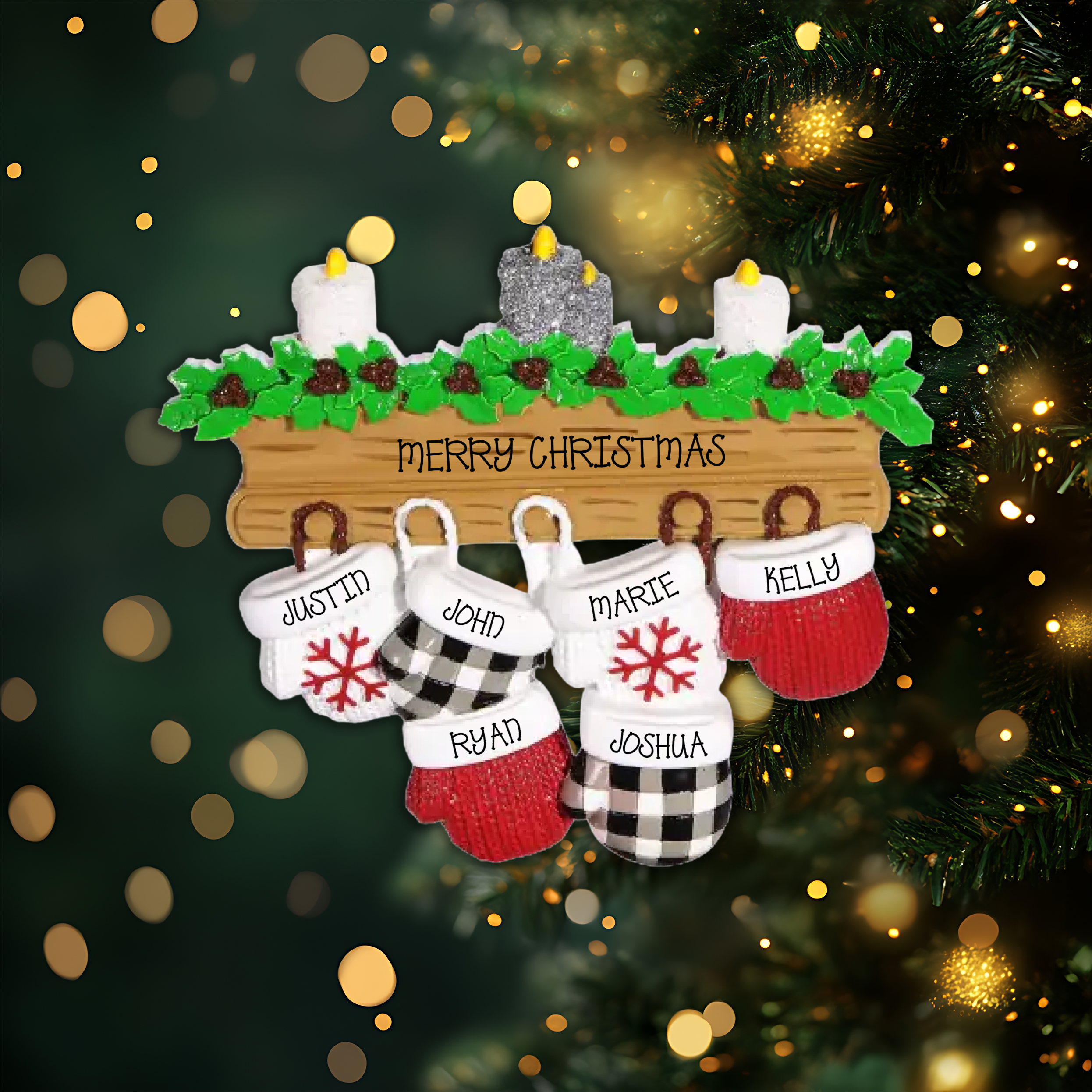 Mitten Family of 6 Personalized Christmas Ornament