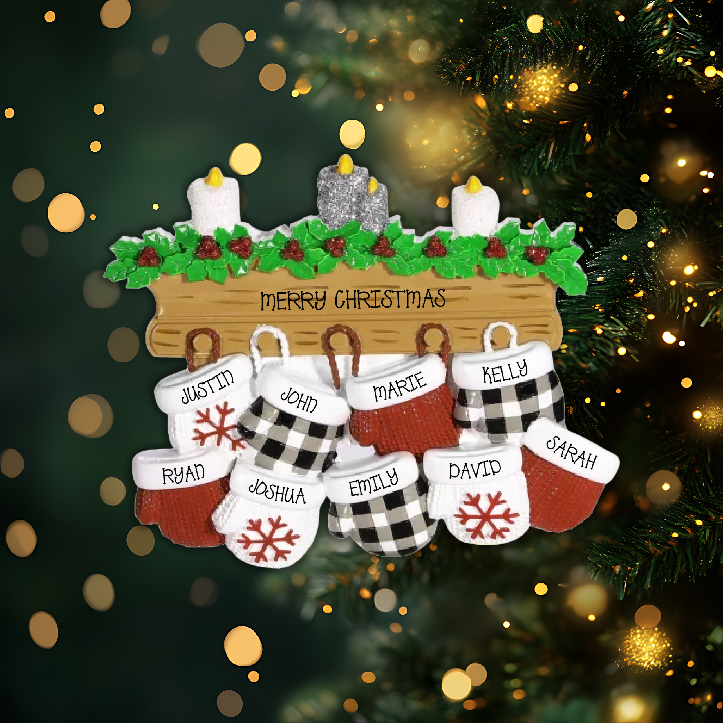 Mitten Family of 9 Personalized Christmas Ornament