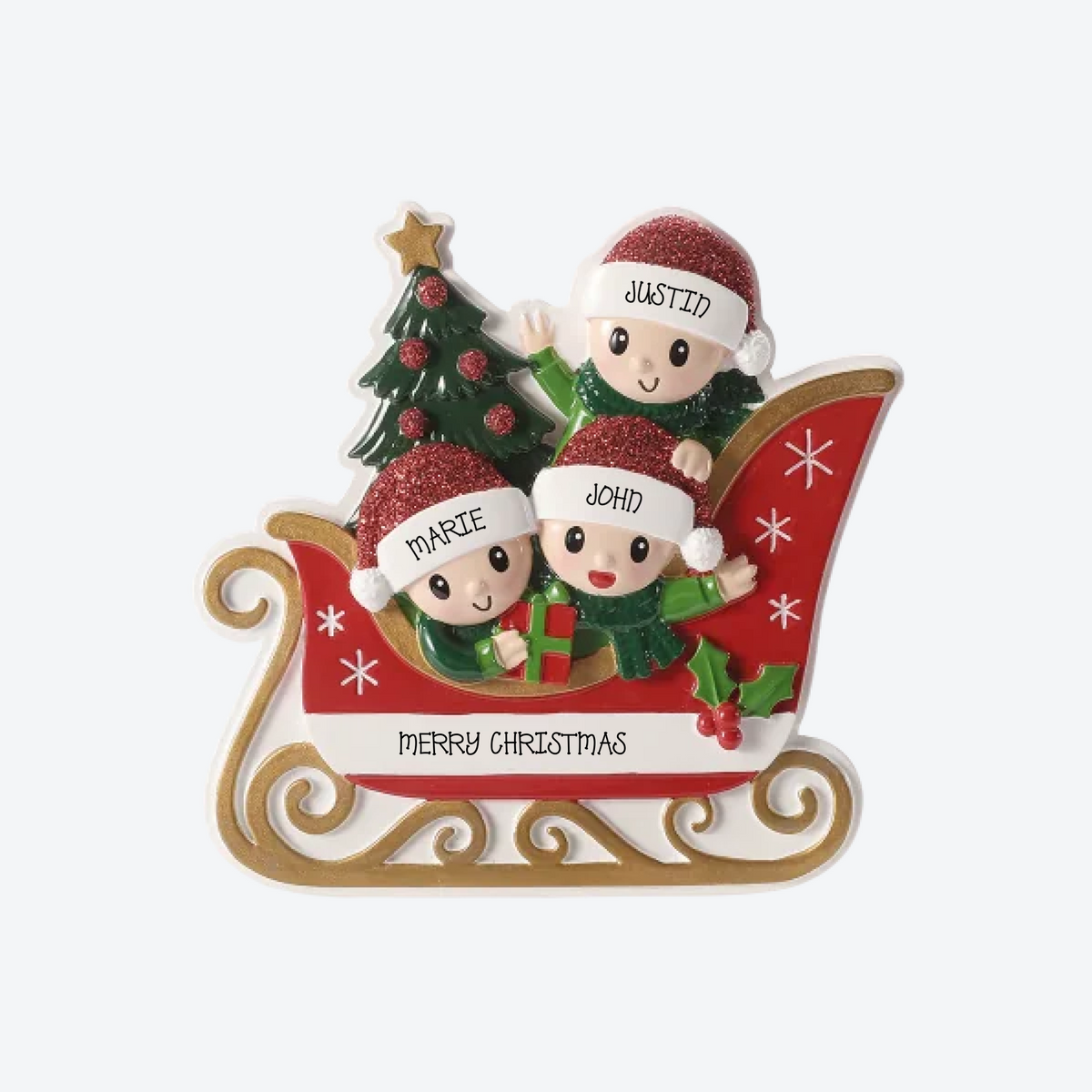 Family in Sleigh Family of 3 Personalized Christmas Ornament