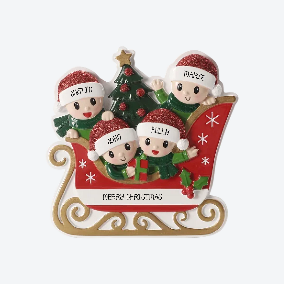 Family in Sleigh Family of 4 Personalized Christmas Ornament