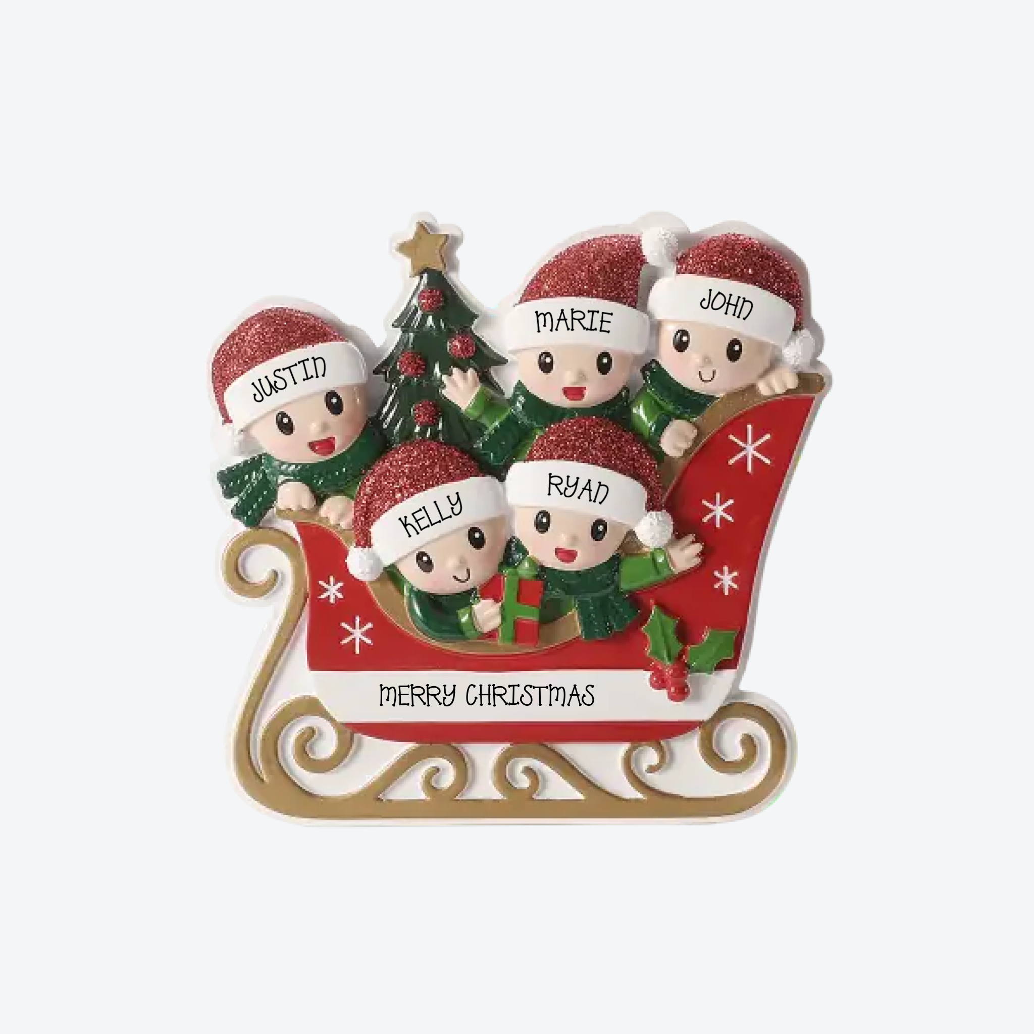 Family in Sleigh Family of 5 Personalized Christmas Ornament