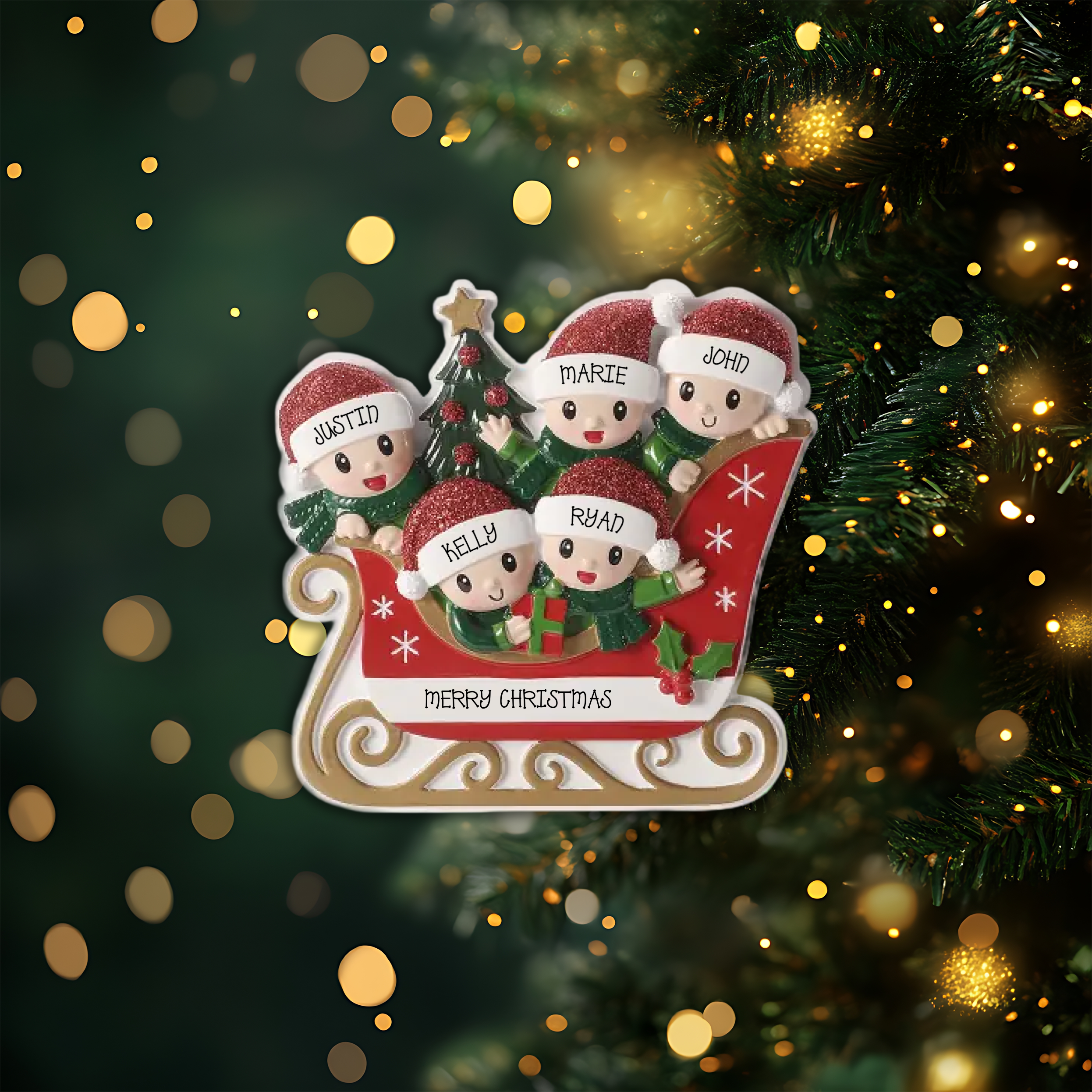 Family in Sleigh Family of 5 Personalized Christmas Ornament