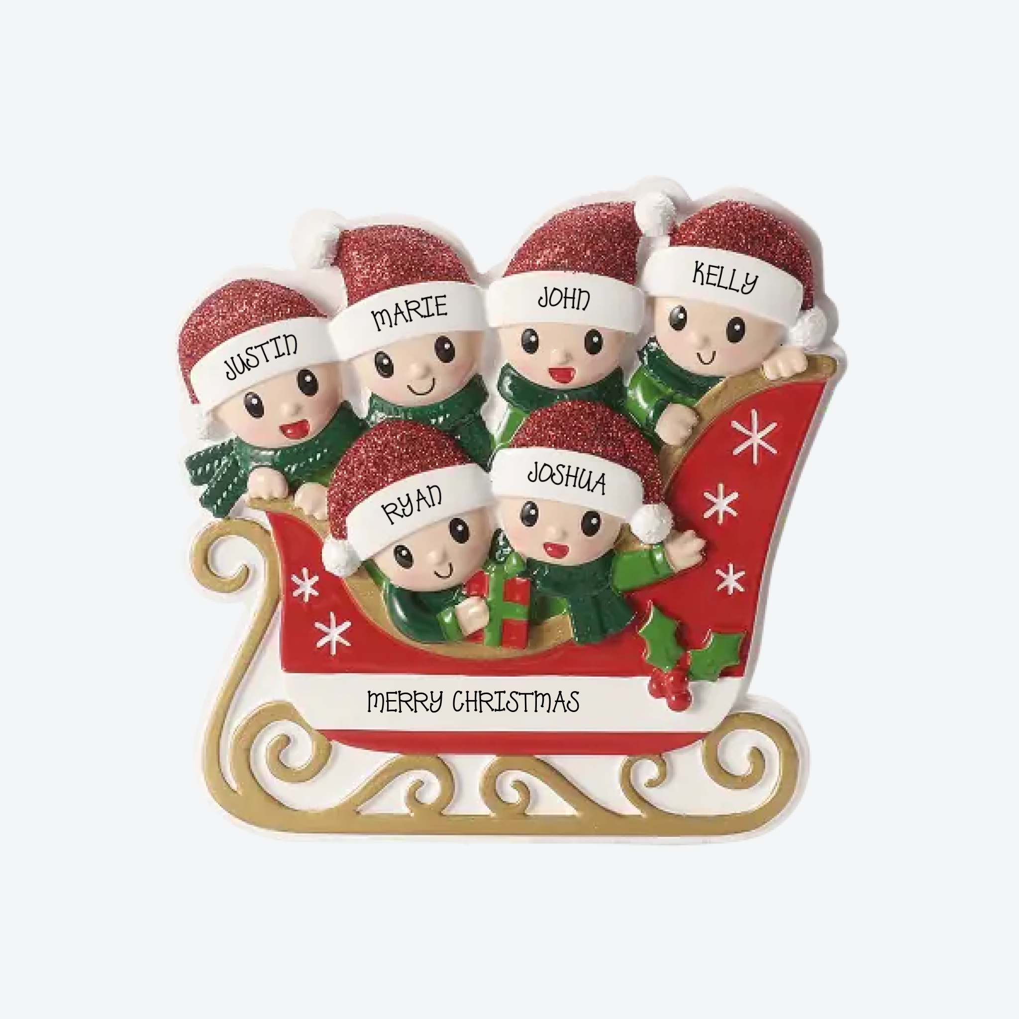 Family in Sleigh Family of 6 Personalized Christmas Ornament