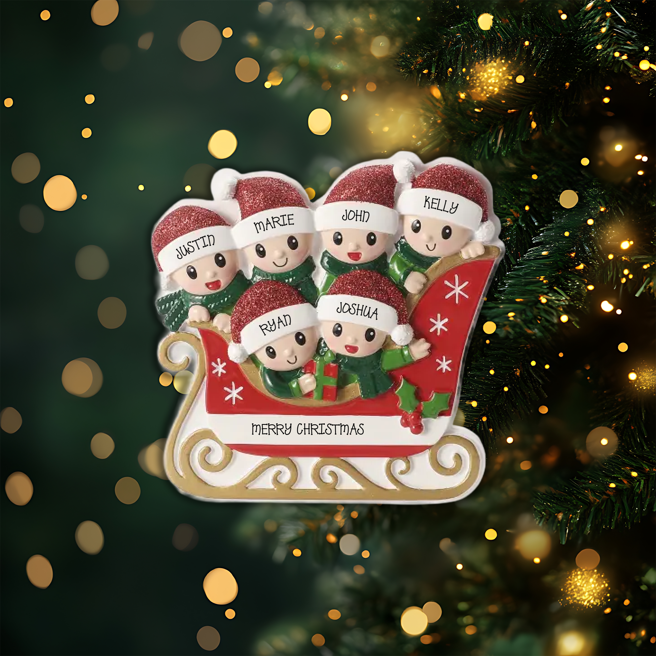 Family in Sleigh Family of 6 Personalized Christmas Ornament