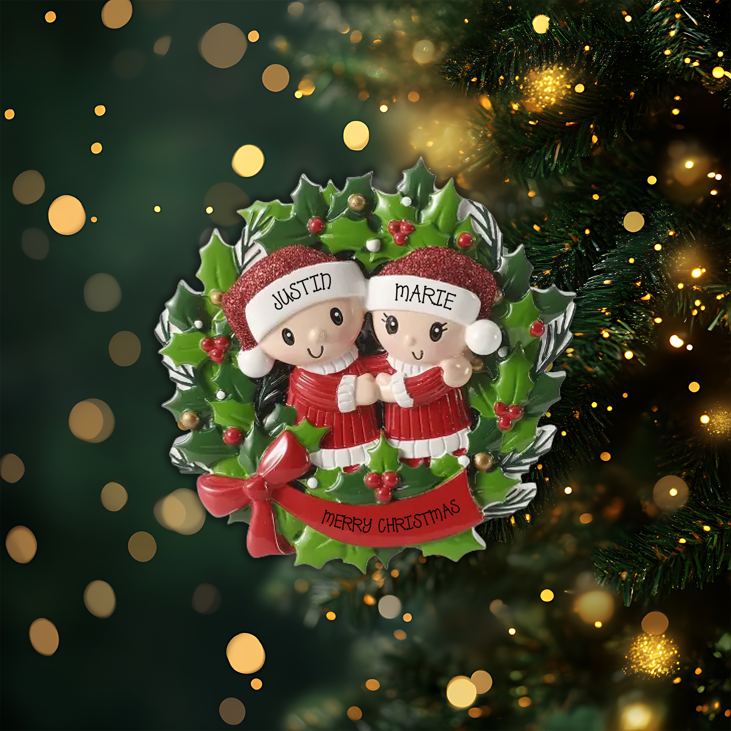 People in Wreath Couple Personalized Christmas Ornament