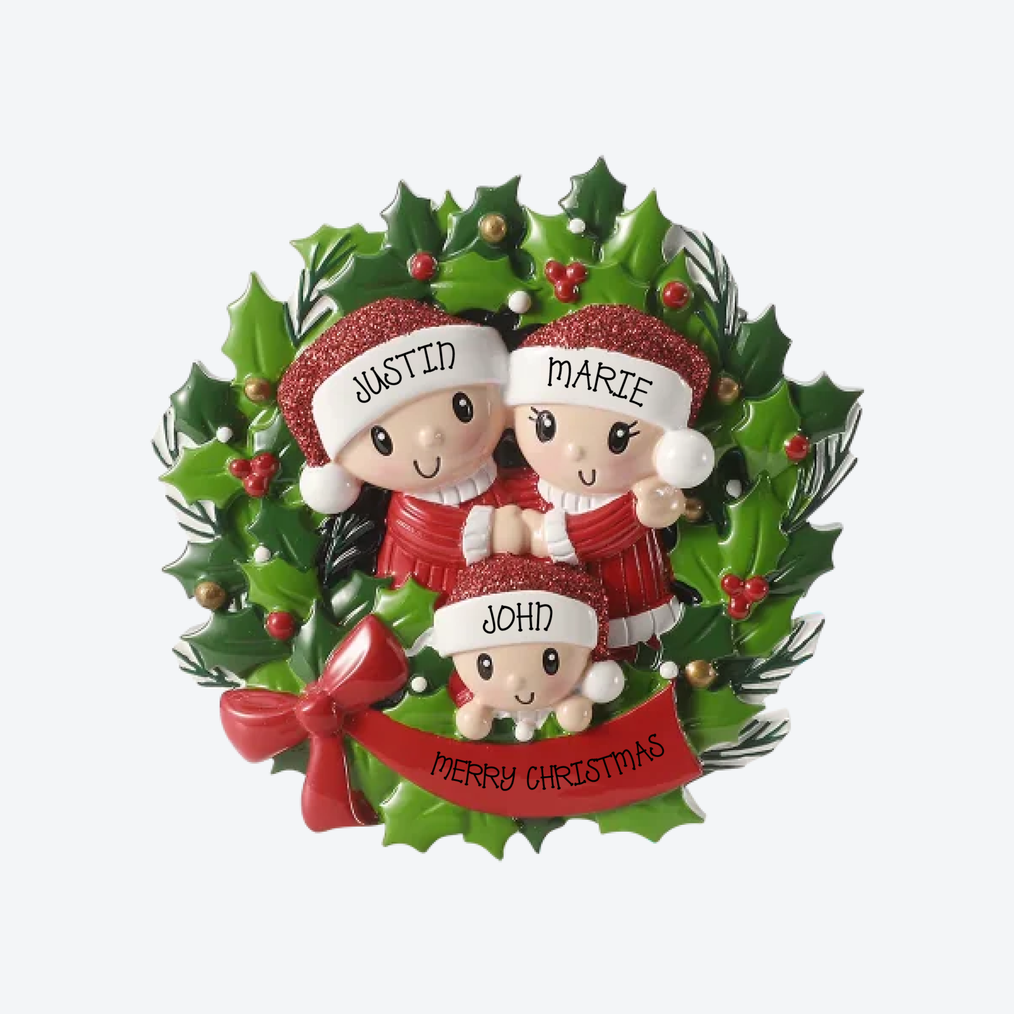 People in Wreath Family of 3 Personalized Christmas Ornament