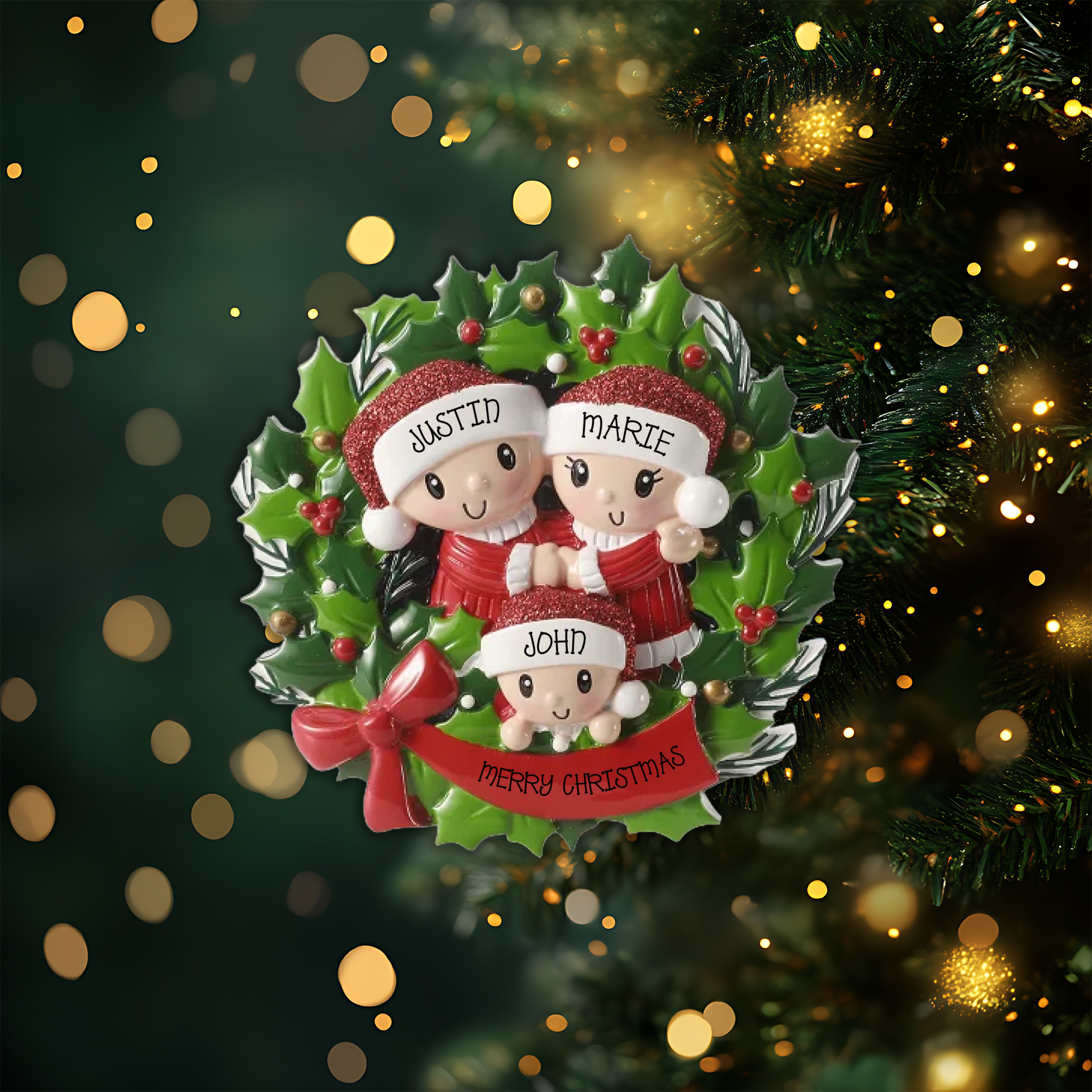 People in Wreath Family of 3 Personalized Christmas Ornament