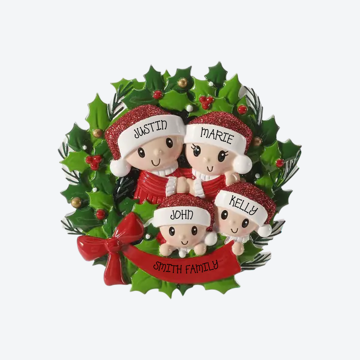 People in Wreath Family of 4 Personalized Christmas Ornament