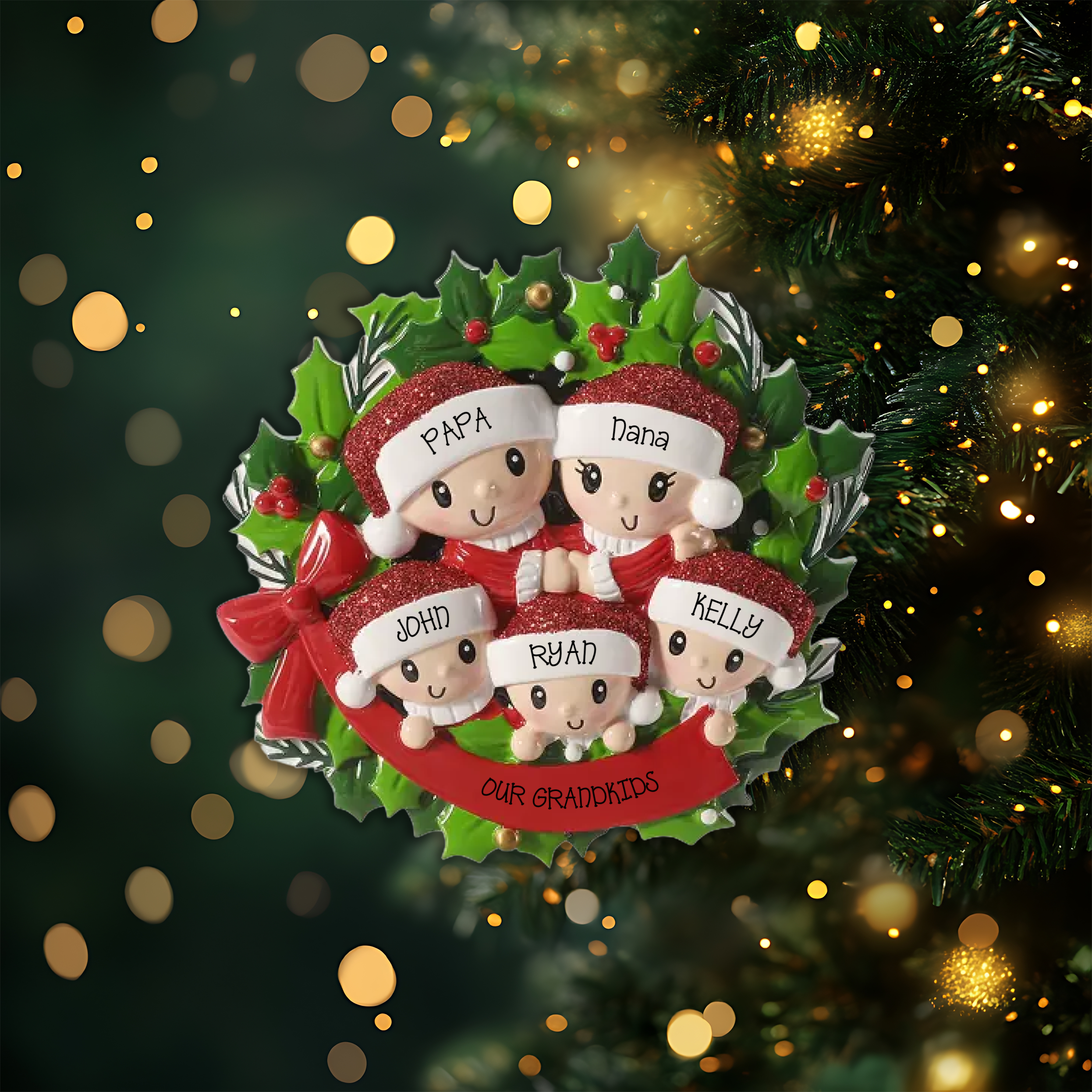 People in Wreath Family of 5 Personalized Christmas Ornament