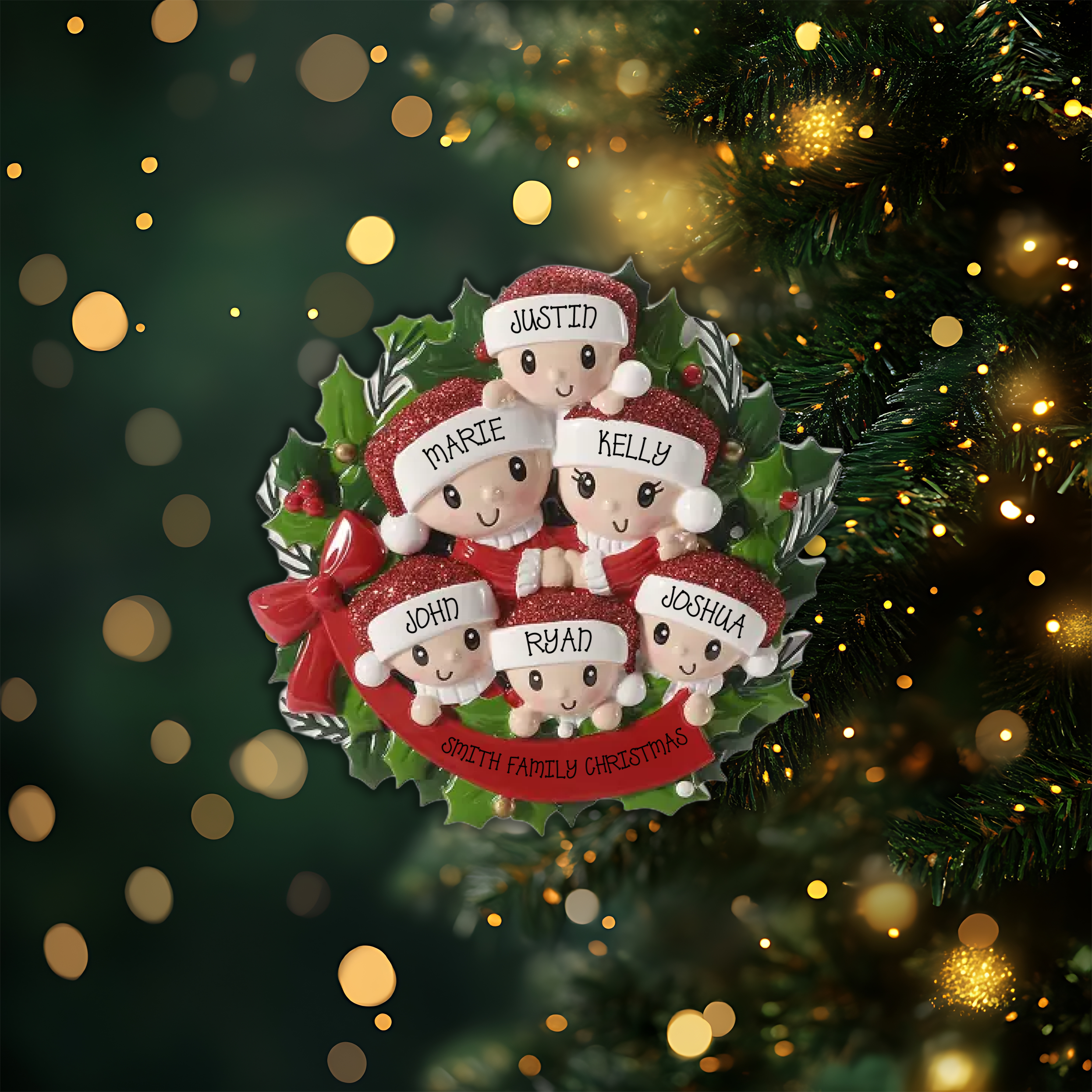 People in Wreath Family of 6 Personalized Christmas Ornament