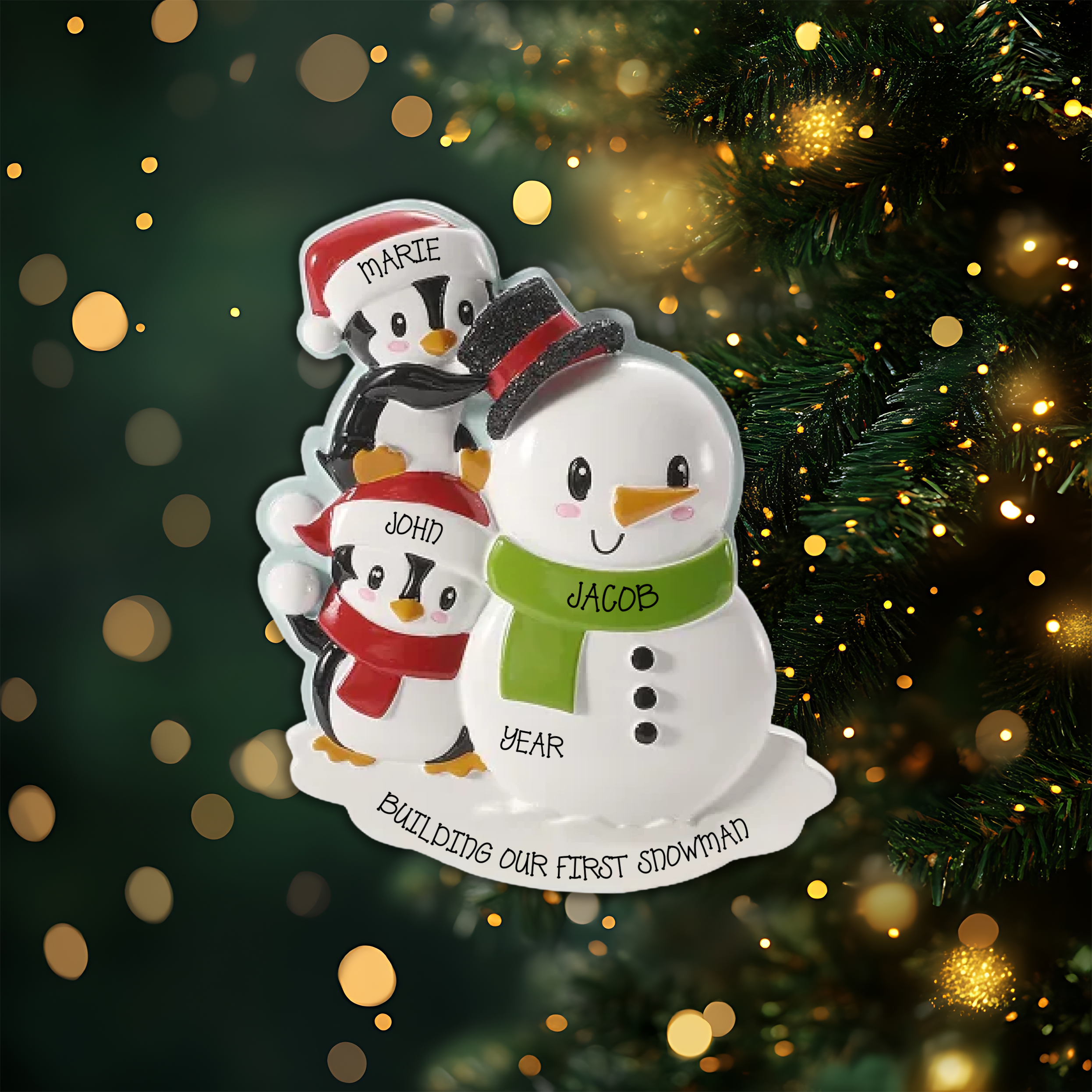Penguins Building a Snowman Couple Personalized Christmas Ornament