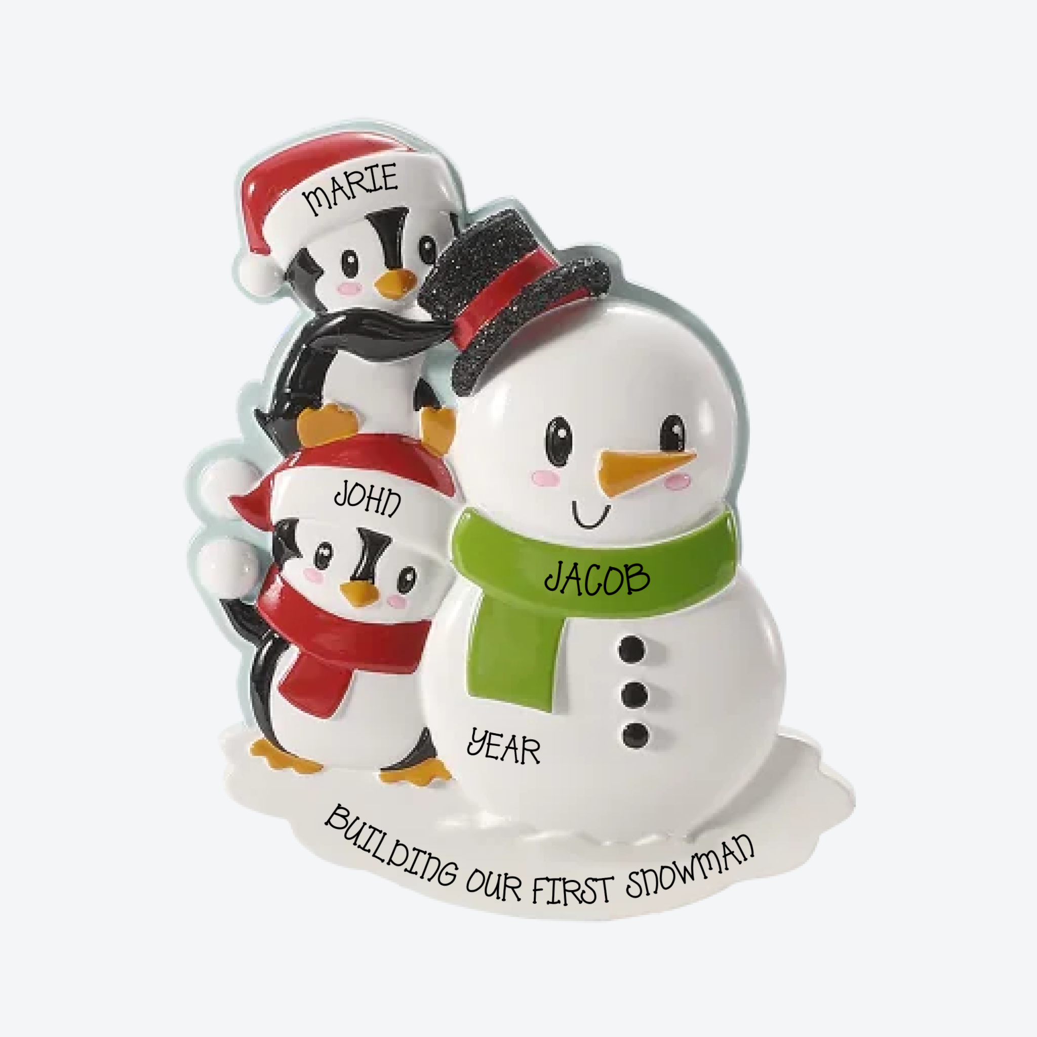 Penguins Building a Snowman Couple Personalized Christmas Ornament