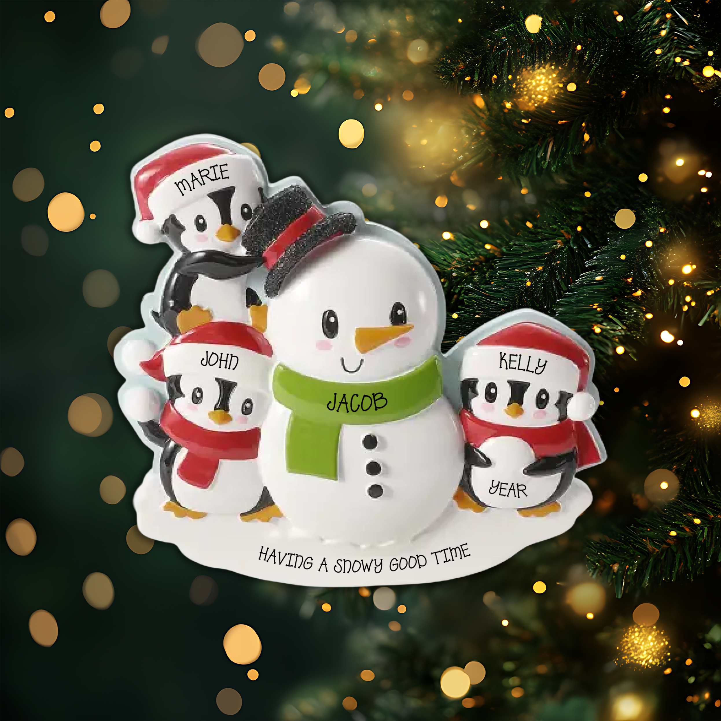 Penguins Building a Snowman Family of 3 Personalized Christmas Ornament