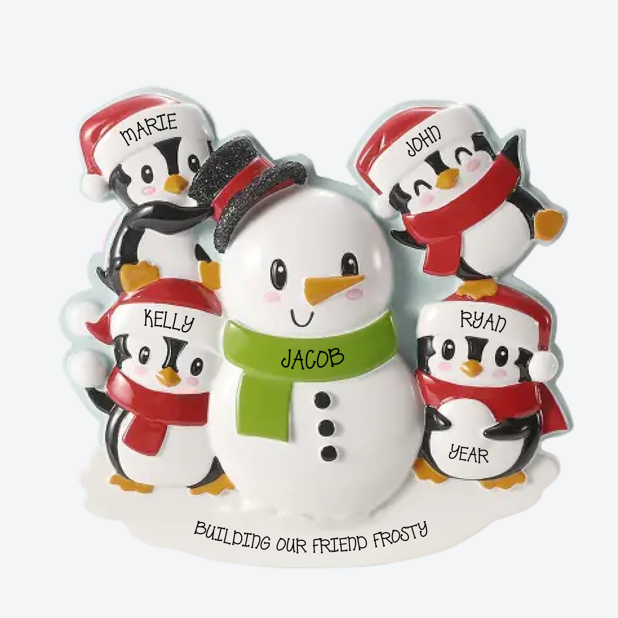 Penguins Building a Snowman Family of 4 Personalized Christmas Ornament