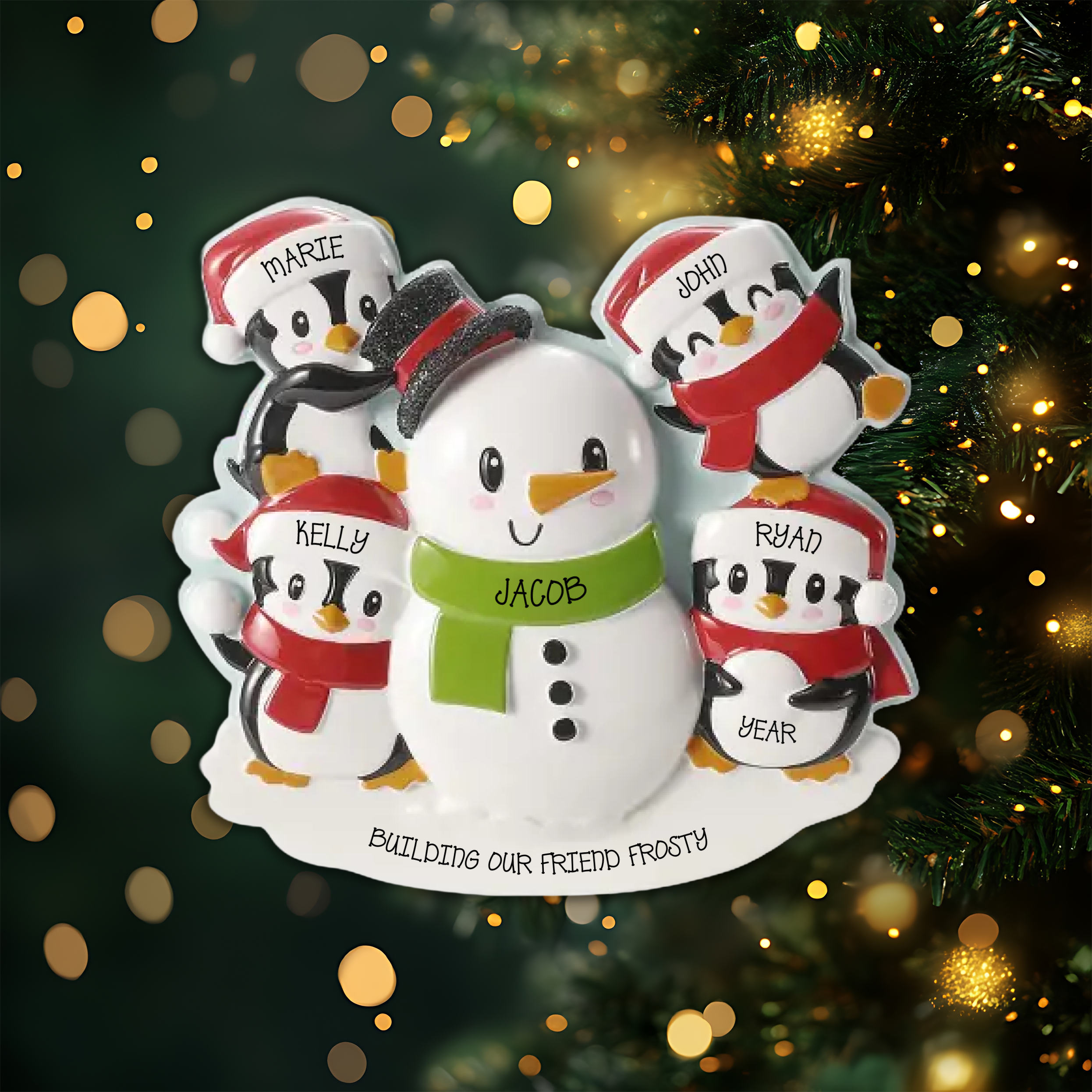 Penguins Building a Snowman Family of 4 Personalized Christmas Ornament