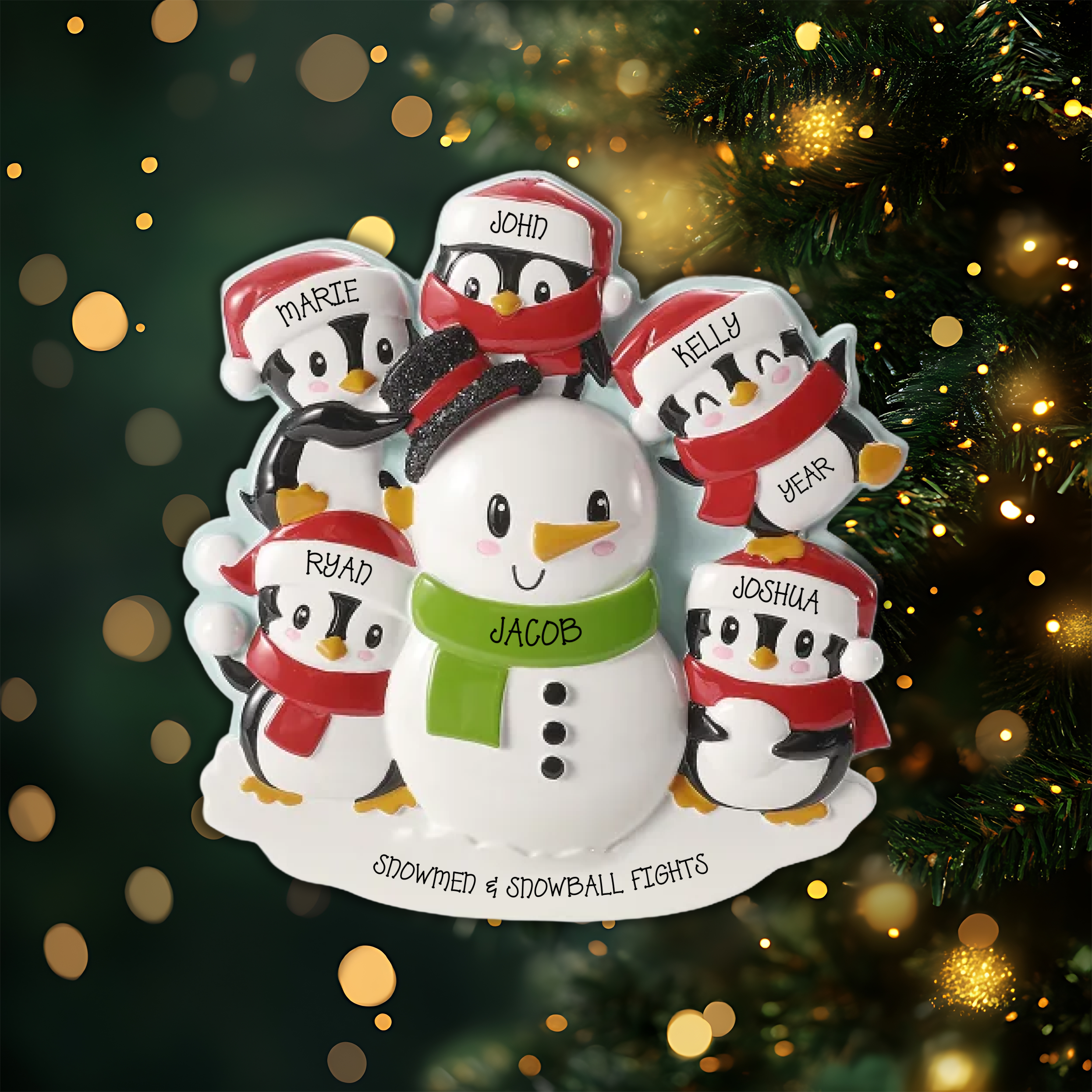Penguins Building a Snowman Family of 5 Personalized Christmas Ornament