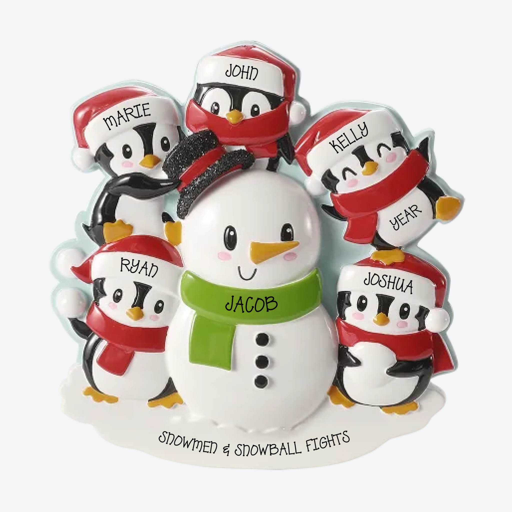 Penguins Building a Snowman Family of 5 Personalized Christmas Ornament
