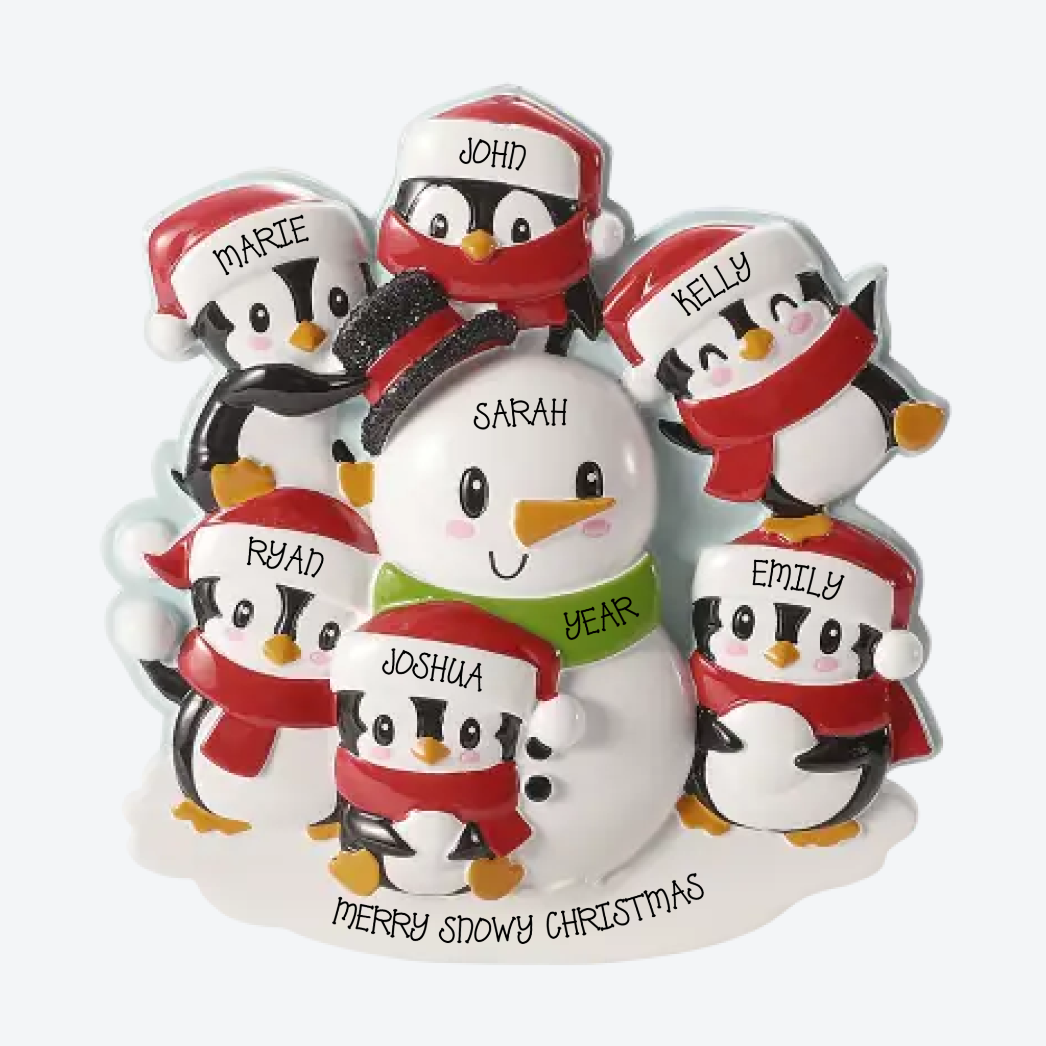 Penguins Building a Snowman Family of 6 Personalized Christmas Ornament