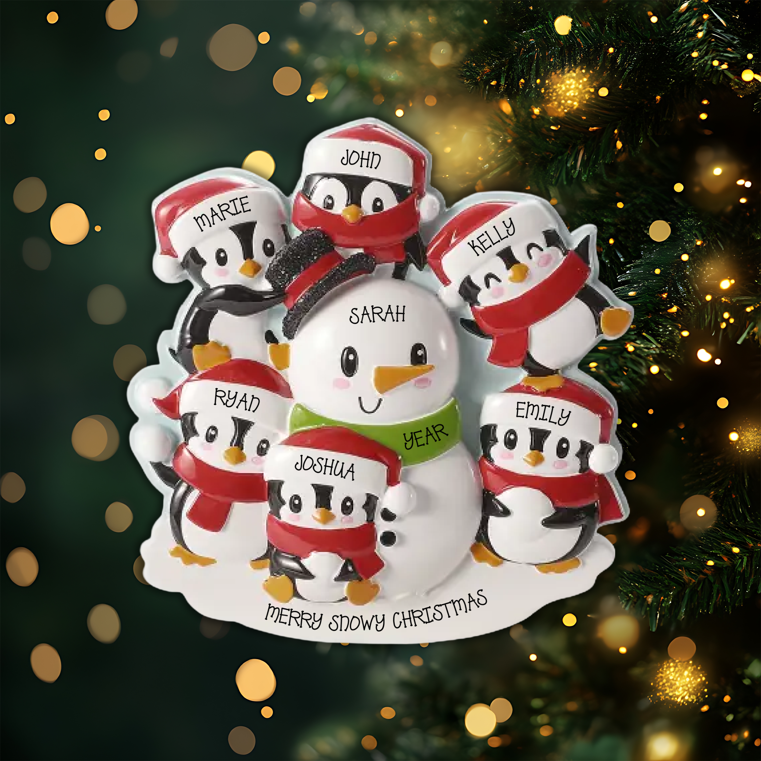 Penguins Building a Snowman Family of 6 Personalized Christmas Ornament