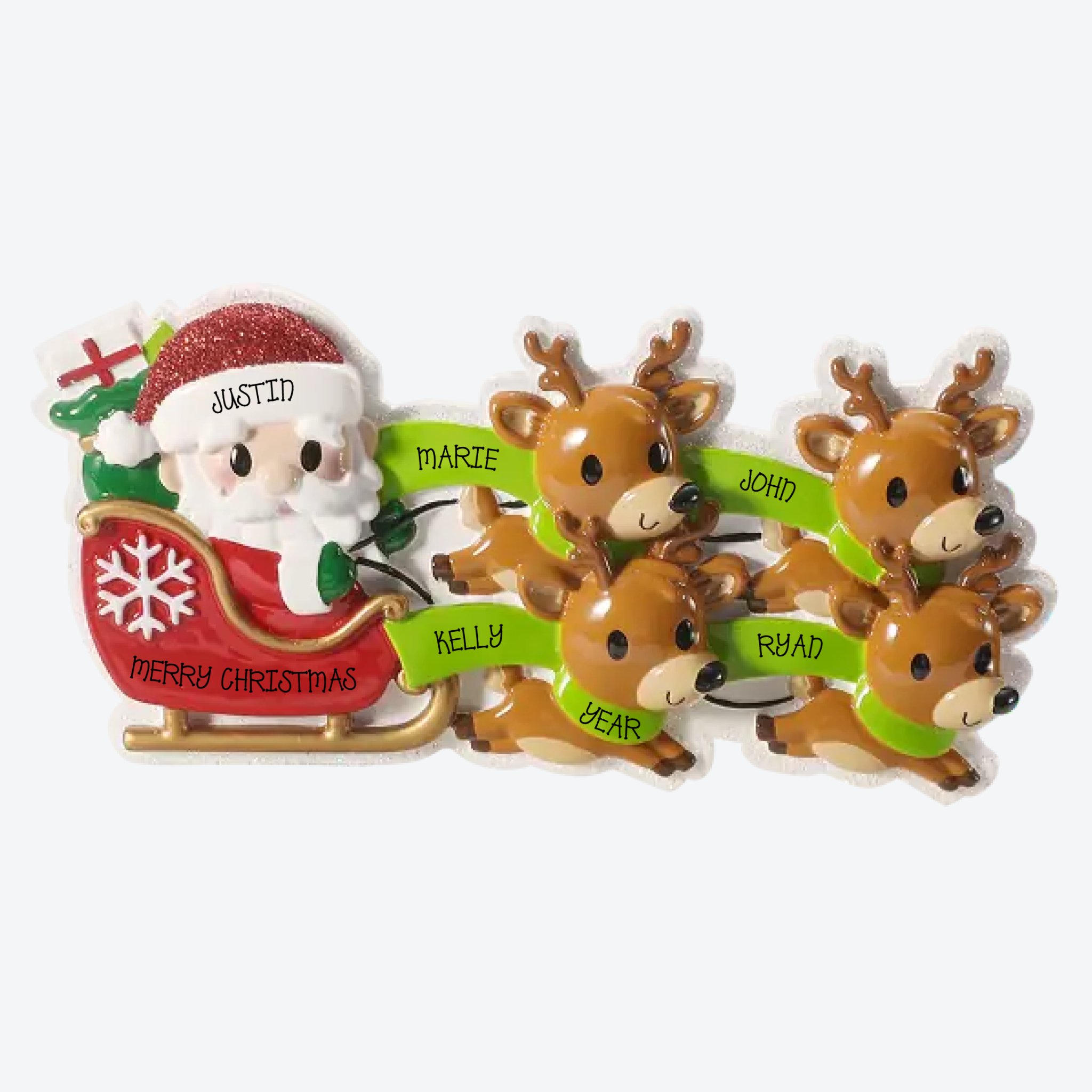 Reindeer in Flight Family of 4 Personalized Christmas Ornament